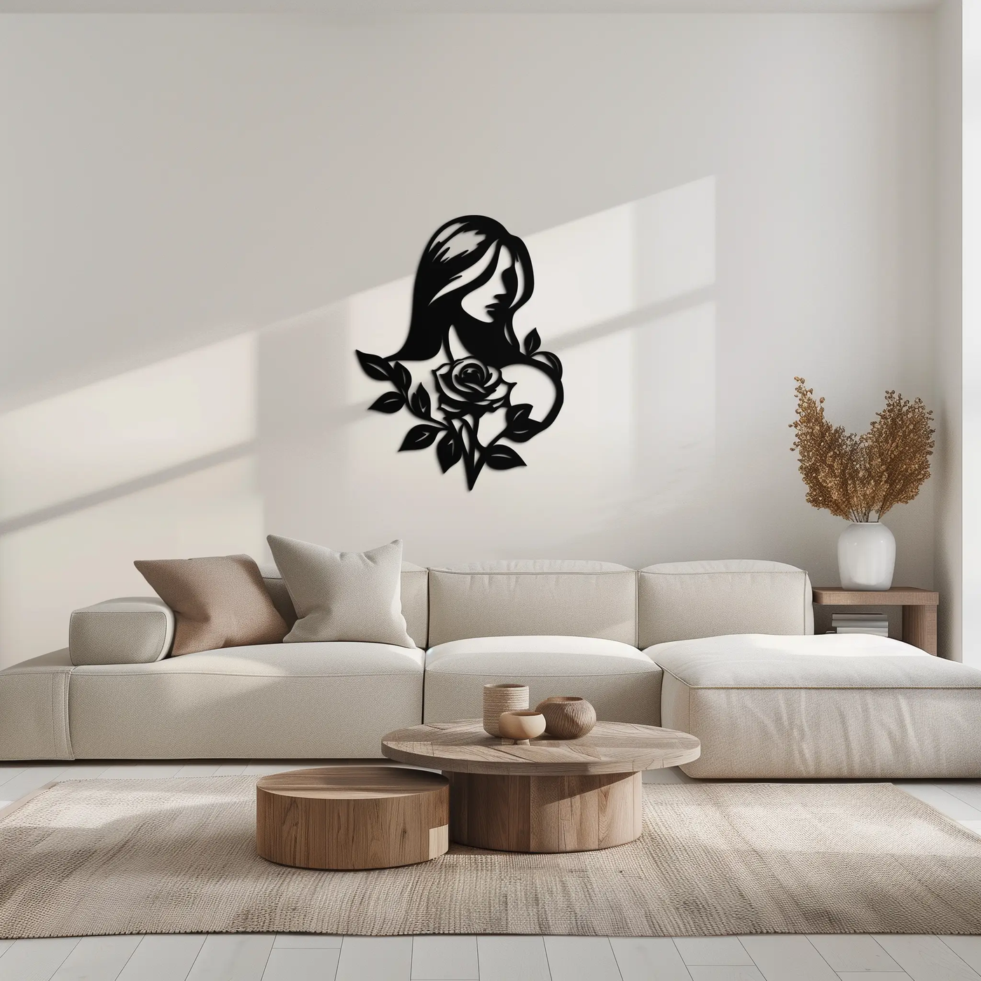 Woman and Rose Silhouette Metal Wall Art – Floral Line Art Metal Decor- KAF633 by Enova Art
