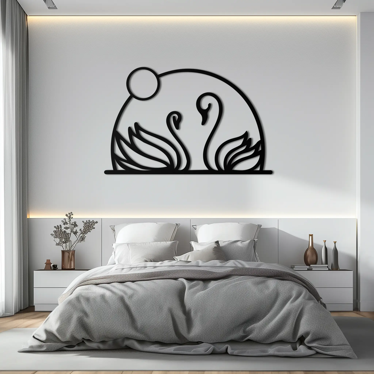 Elegant Swan Couple Silhouette Metal Wall Art – Romantic Bird Design for Home Decor- KAF634 by Enova Art