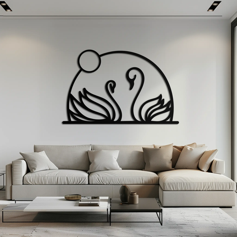 Elegant Swan Couple Silhouette Metal Wall Art – Romantic Bird Design for Home Decor- KAF634 by Enova Art