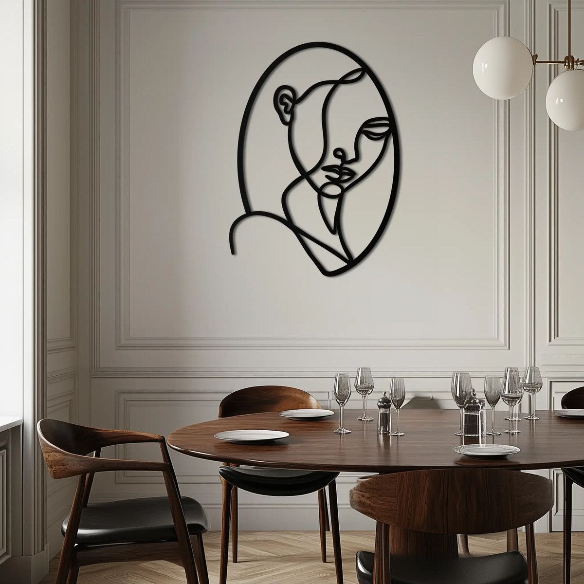 Abstract Woman Face Line Art – Minimalist Metal Wall Decor in Oval Frame- KAF635 by Enova Art