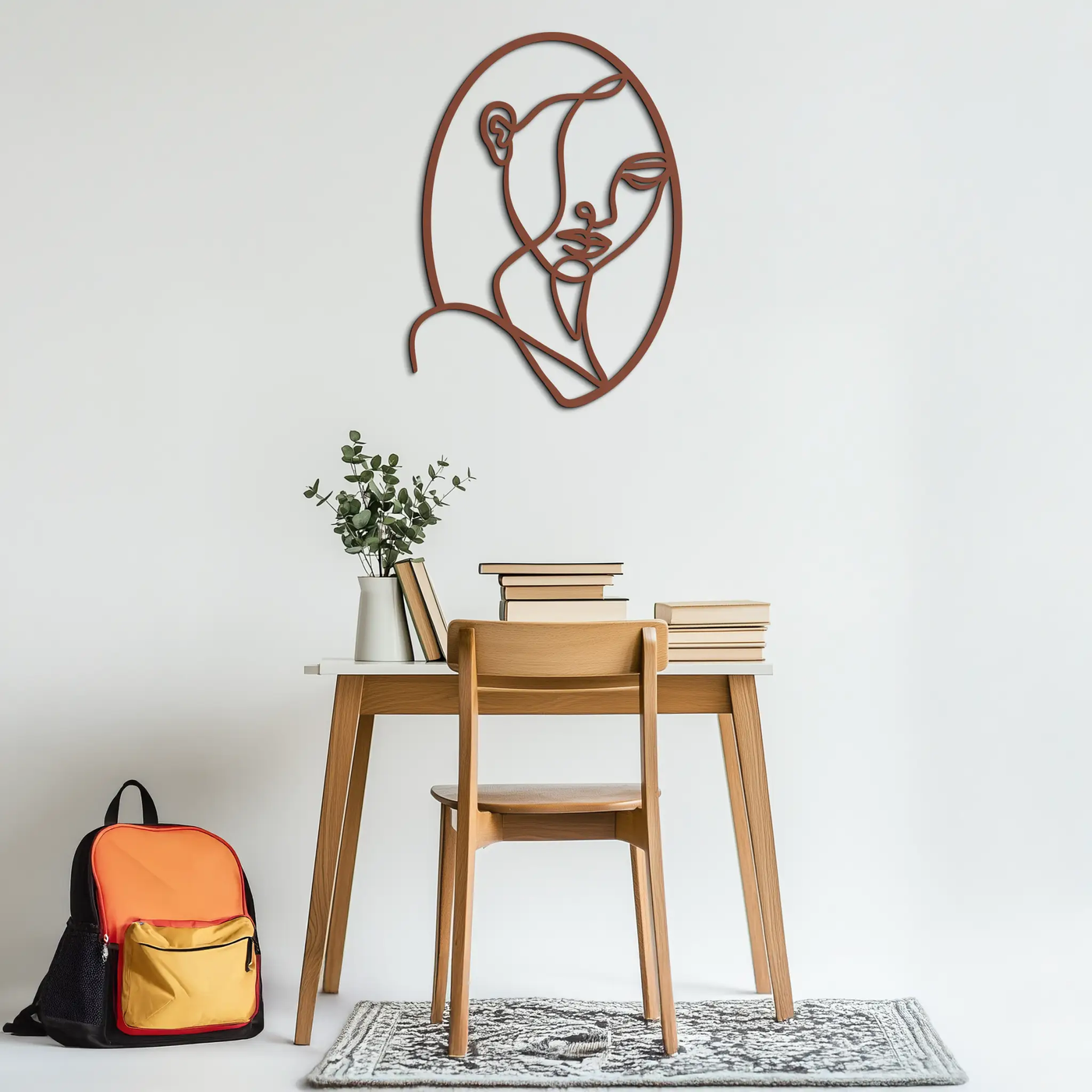 Abstract Woman Face Line Art – Minimalist Metal Wall Decor in Oval Frame- KAF635 by Enova Art