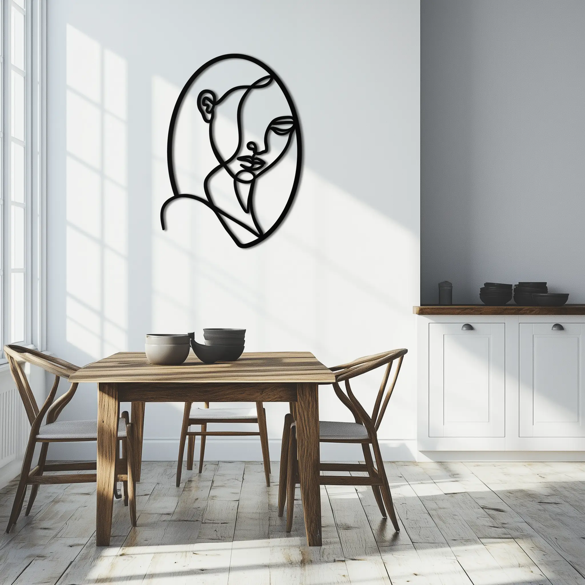 Abstract Woman Face Line Art – Minimalist Metal Wall Decor in Oval Frame- KAF635 by Enova Art