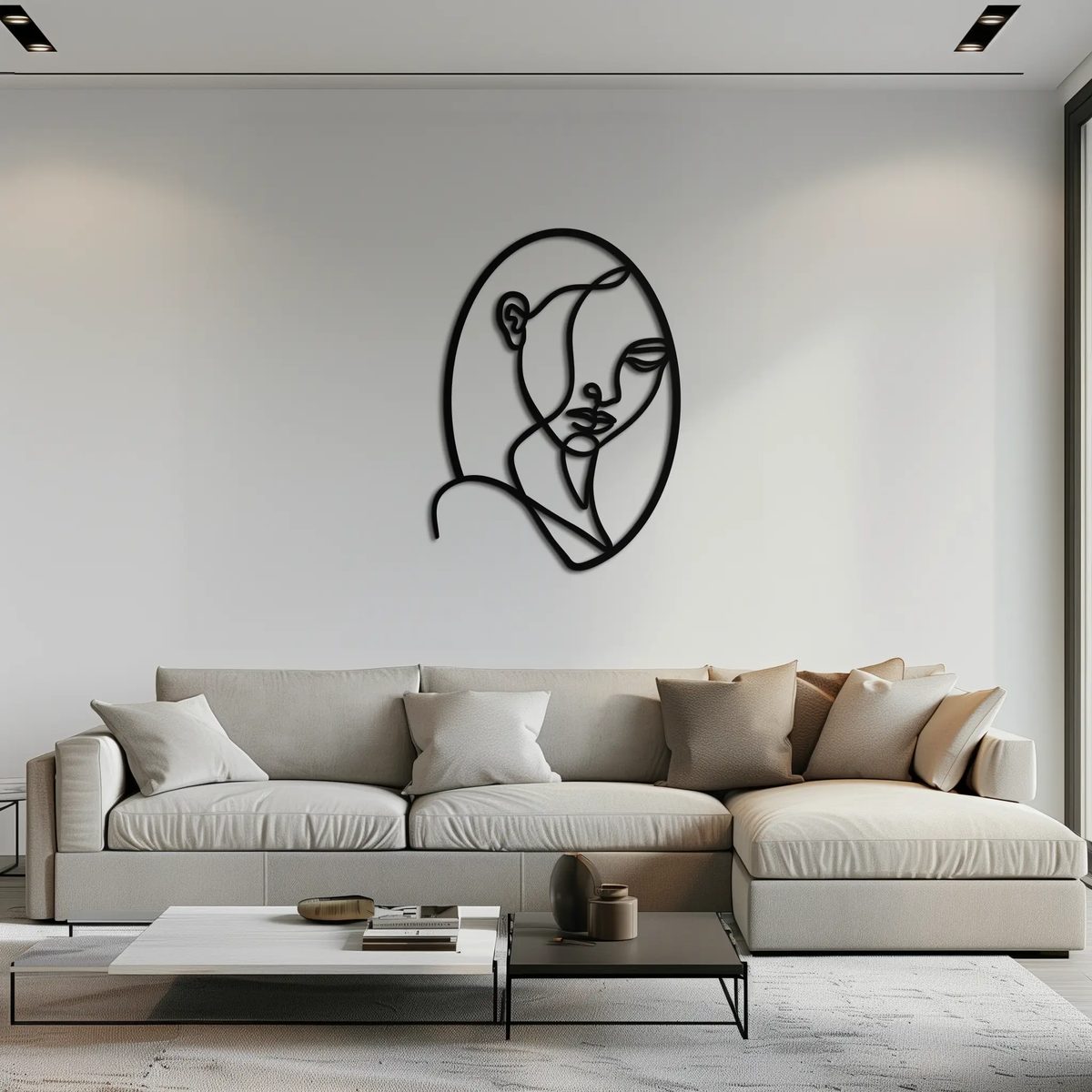 Abstract Woman Face Line Art – Minimalist Metal Wall Decor in Oval Frame- KAF635 by Enova Art