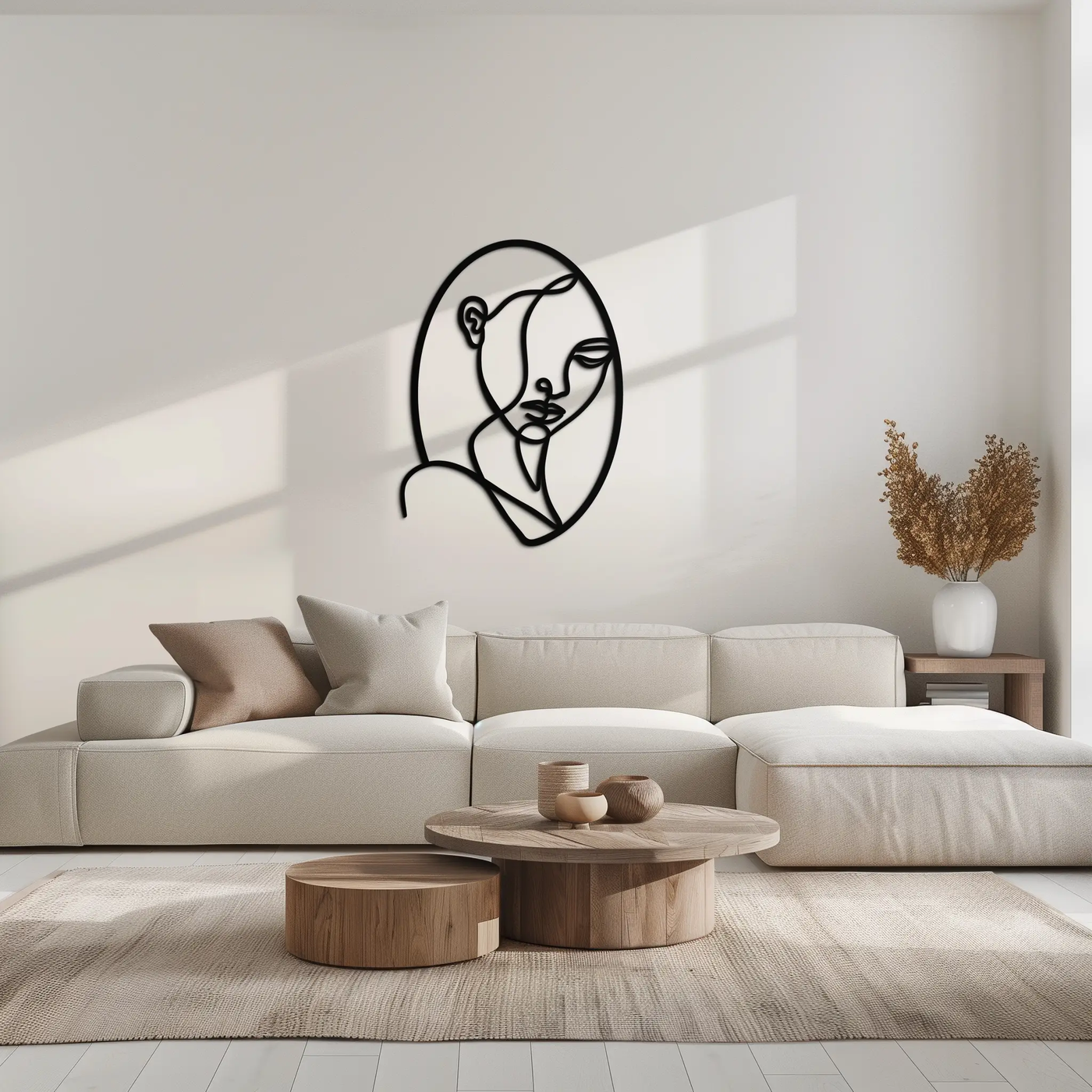 Abstract Woman Face Line Art – Minimalist Metal Wall Decor in Oval Frame- KAF635 by Enova Art