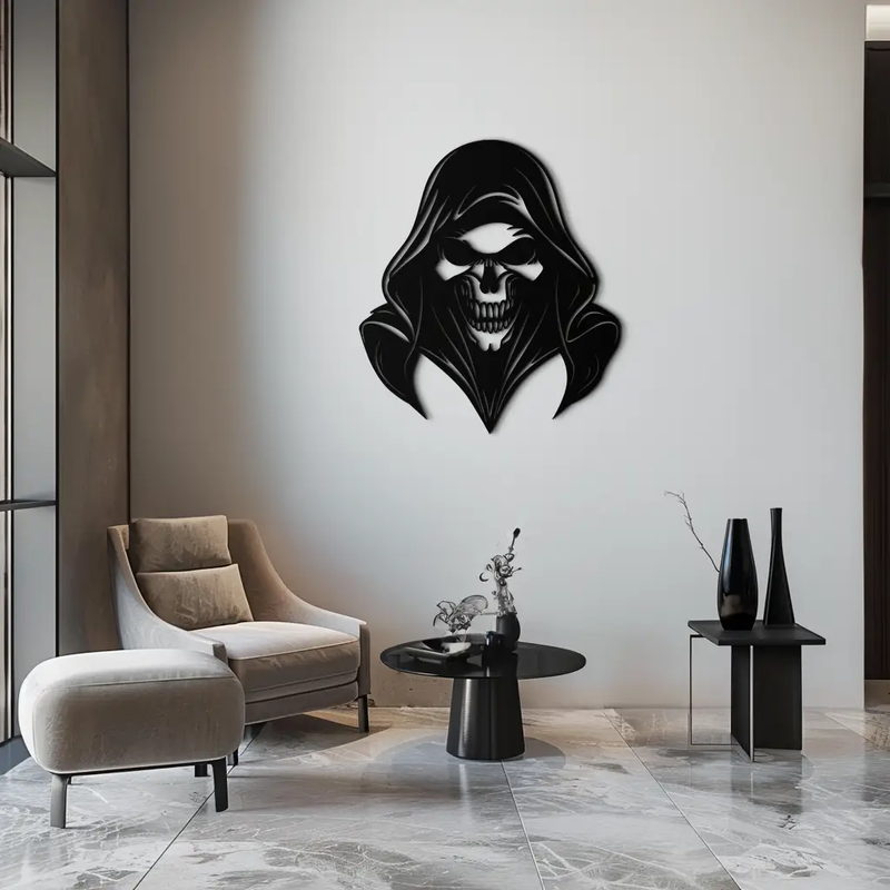 Grim Reaper Hooded Skull Metal Wall Art – Dark Gothic Horror Silhouette Design- KAF637 by Enova Art