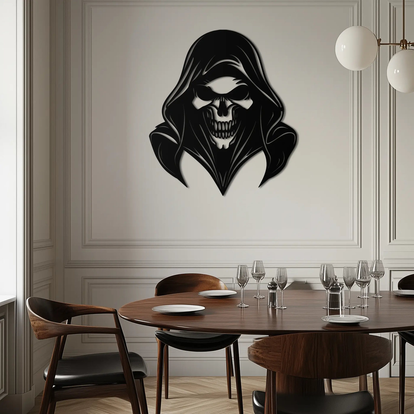 Grim Reaper Hooded Skull Metal Wall Art – Dark Gothic Horror Silhouette Design- KAF637 by Enova Art