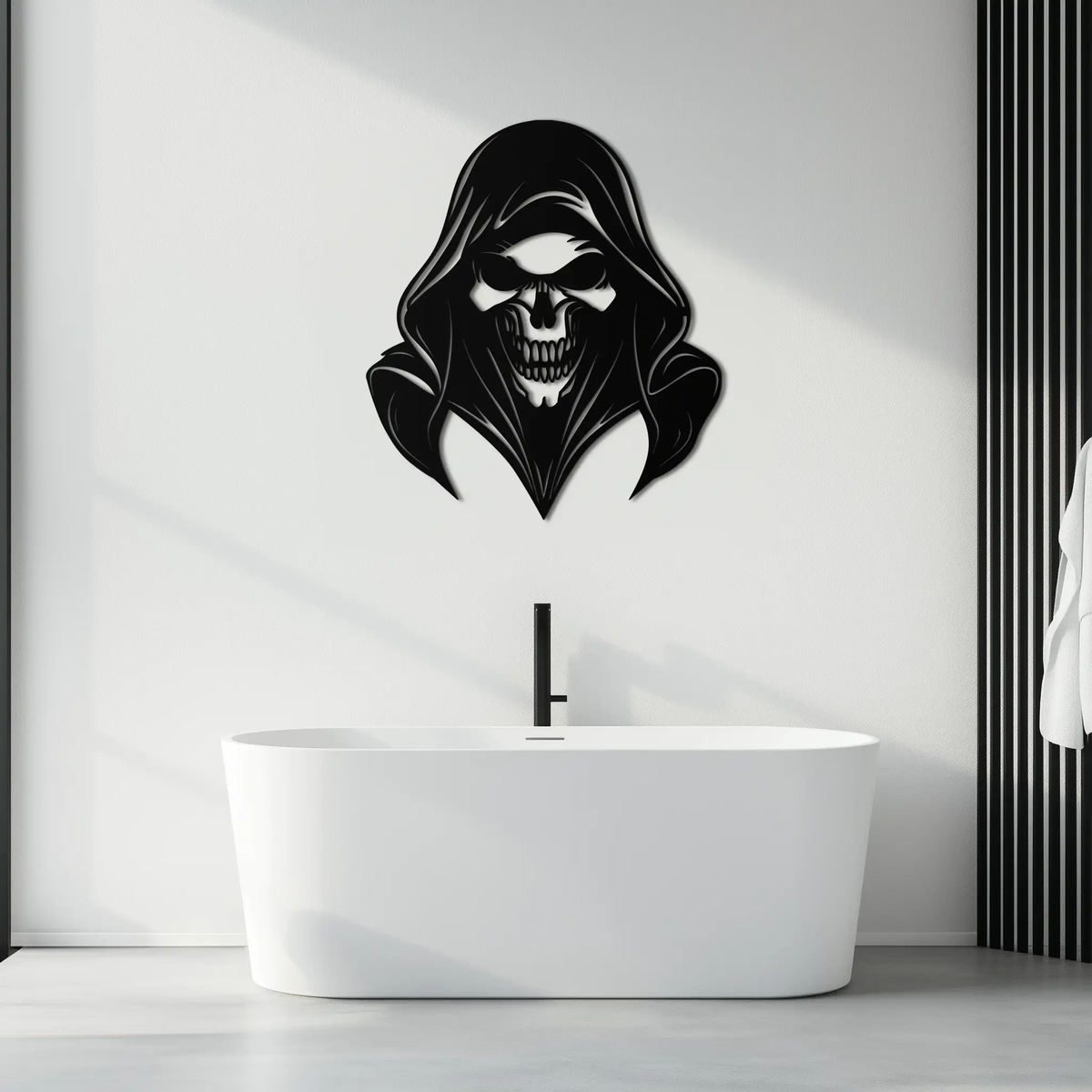 Grim Reaper Hooded Skull Metal Wall Art – Dark Gothic Horror Silhouette Design- KAF637 by Enova Art