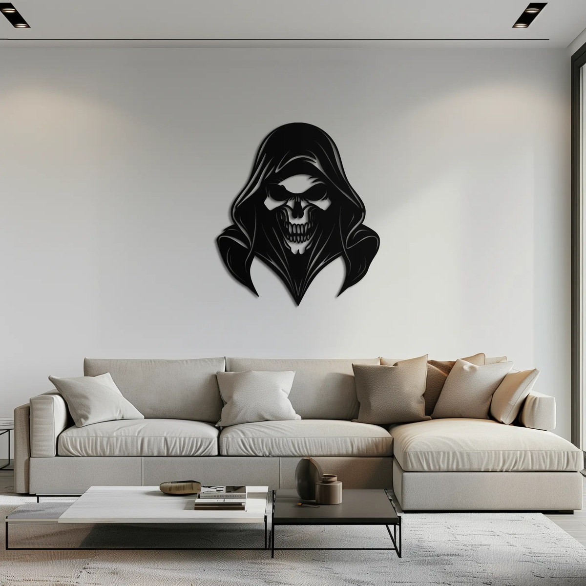 Grim Reaper Hooded Skull Metal Wall Art – Dark Gothic Horror Silhouette Design- KAF637 by Enova Art