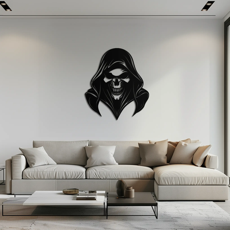 Grim Reaper Hooded Skull Metal Wall Art – Dark Gothic Horror Silhouette Design- KAF637 by Enova Art