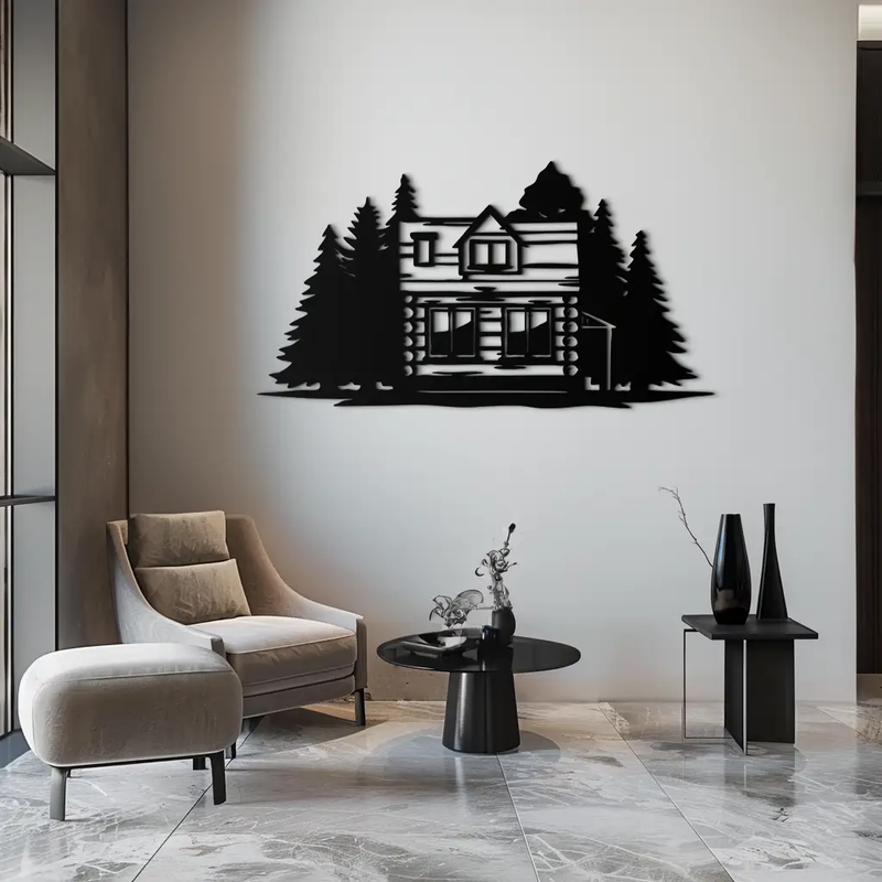 Mountain Log Cabin Metal Wall Art – Nature Inspired Outdoor Wall Decor for Home & Lodge- KAF640 by Enova Art