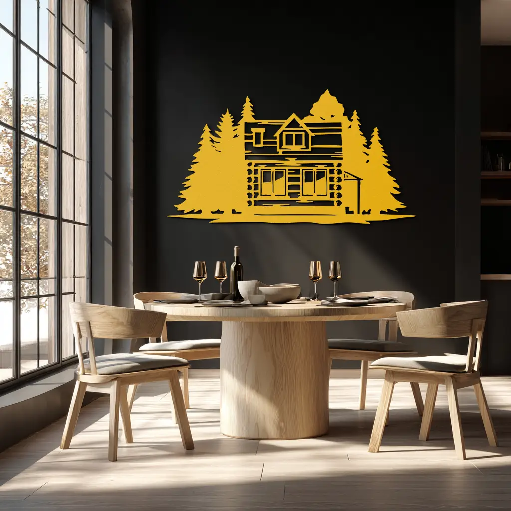 Mountain Log Cabin Metal Wall Art – Nature Inspired Outdoor Wall Decor for Home & Lodge- KAF640 by Enova Art