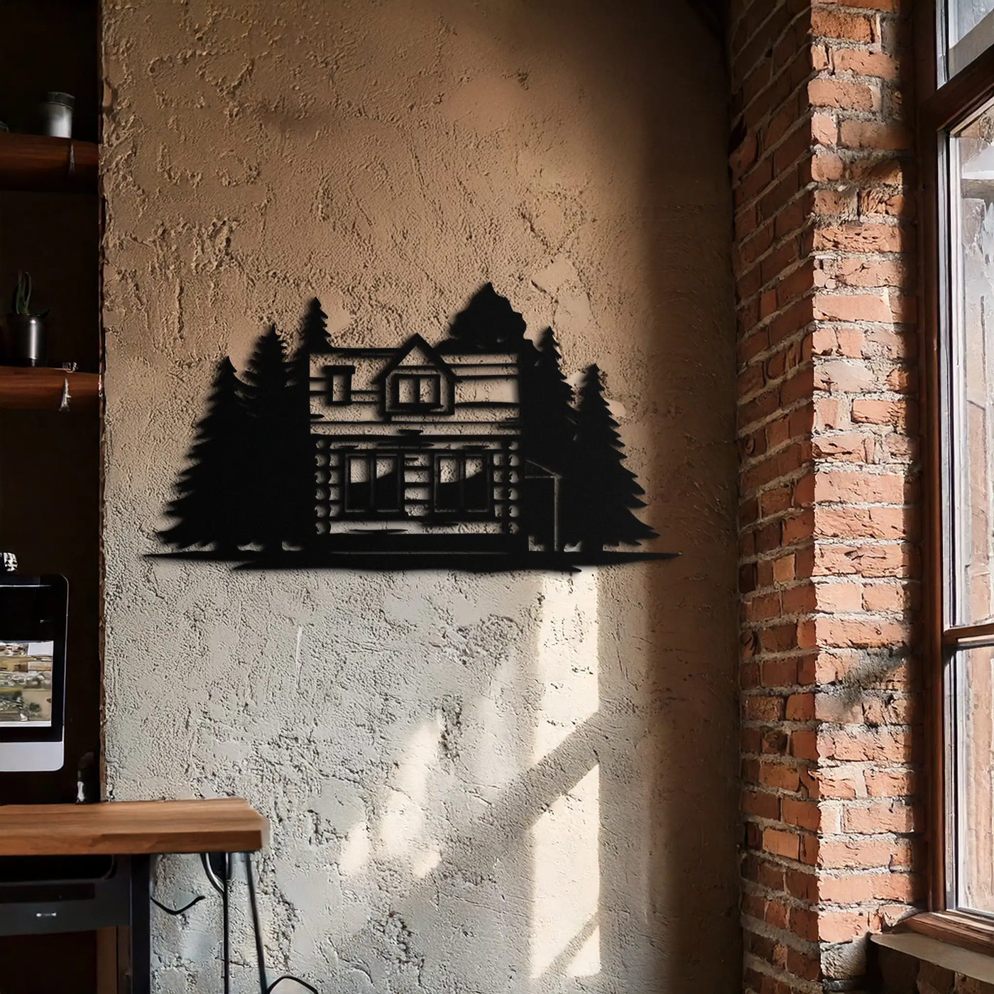 Mountain Log Cabin Metal Wall Art – Nature Inspired Outdoor Wall Decor for Home & Lodge- KAF640 by Enova Art