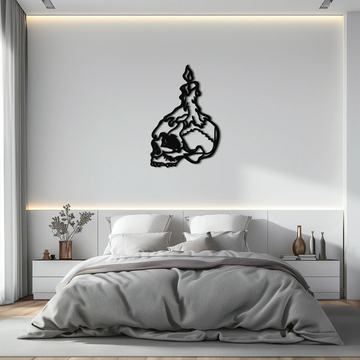 Candle on Skull Gothic Style Metal Wall Art – Dark Themed Home Decor - KAF643 by Enova Art