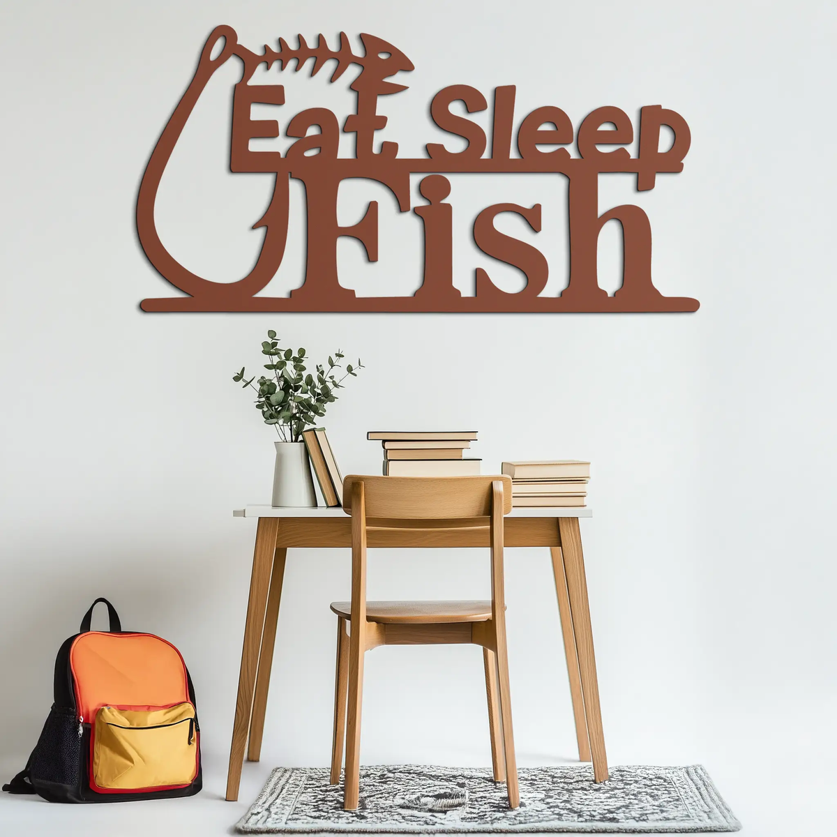 "Eat, Sleep, Fish" Metal Wall Art – Fishing Enthusiast Design with Hook and Phrase- KAF670 by Enova Art