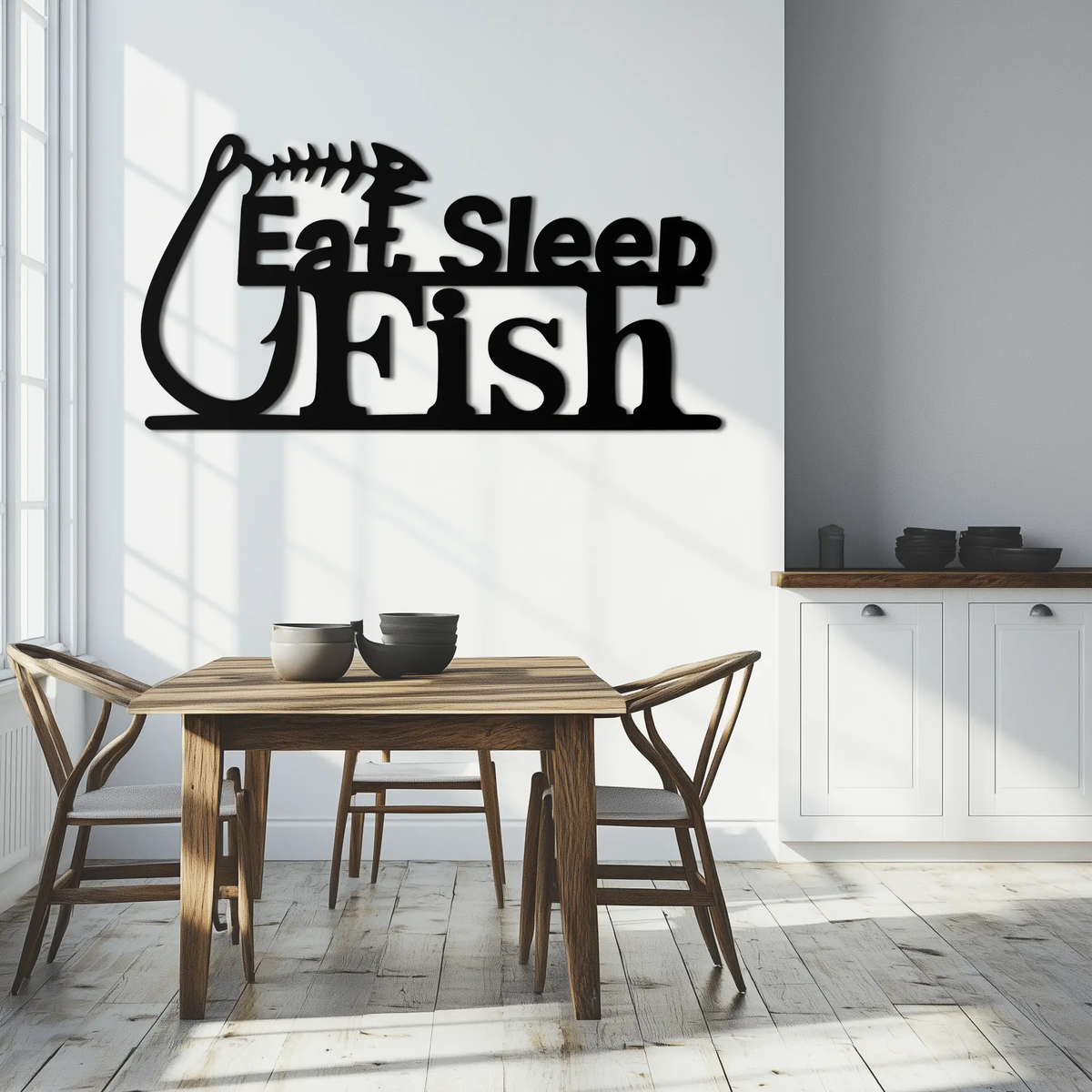 "Eat, Sleep, Fish" Metal Wall Art – Fishing Enthusiast Design with Hook and Phrase- KAF670 by Enova Art