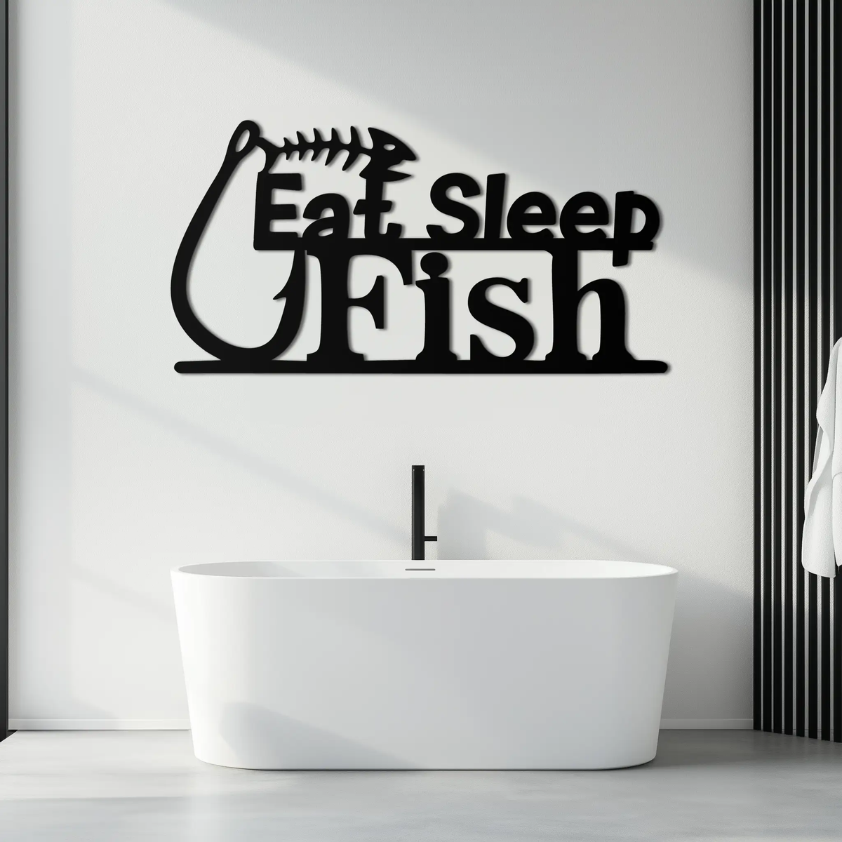 "Eat, Sleep, Fish" Metal Wall Art – Fishing Enthusiast Design with Hook and Phrase- KAF670 by Enova Art