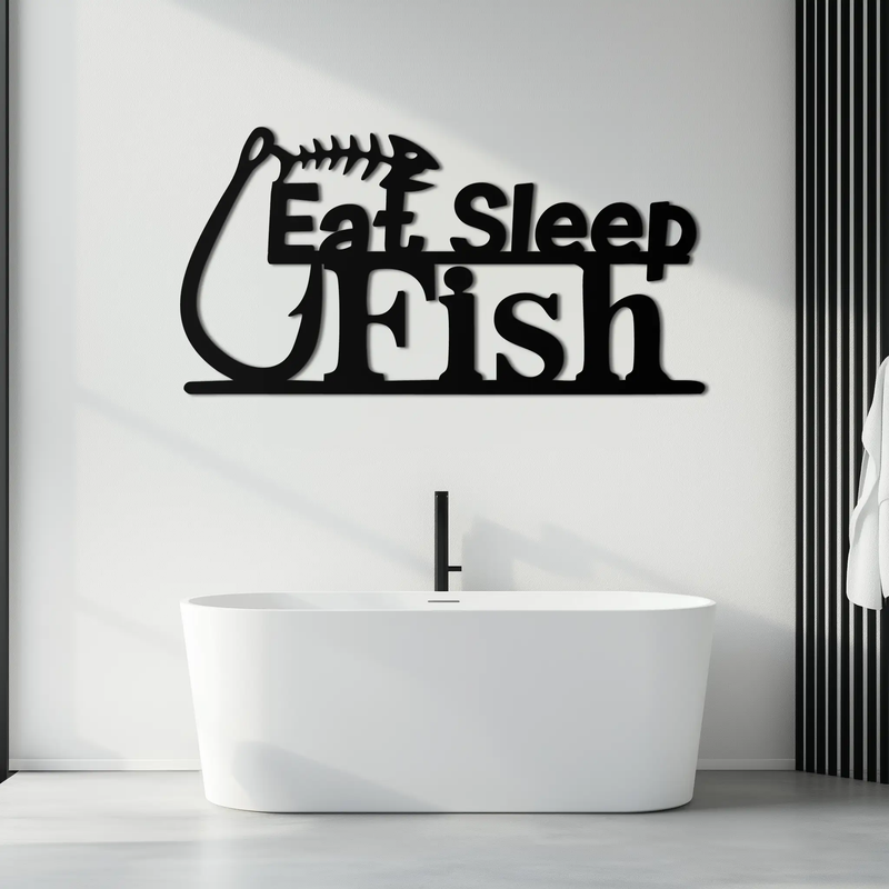 "Eat, Sleep, Fish" Metal Wall Art – Fishing Enthusiast Design with Hook and Phrase- KAF670 by Enova Art