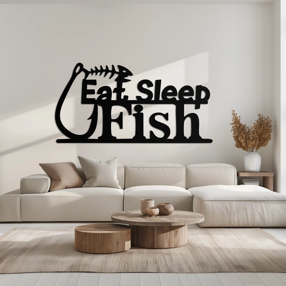 "Eat, Sleep, Fish" Metal Wall Art – Fishing Enthusiast Design with Hook and Phrase- KAF670 by Enova Art