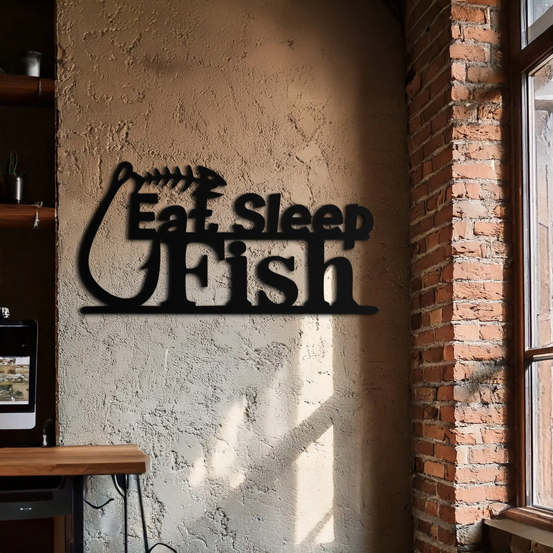 "Eat, Sleep, Fish" Metal Wall Art – Fishing Enthusiast Design with Hook and Phrase- KAF670 by Enova Art
