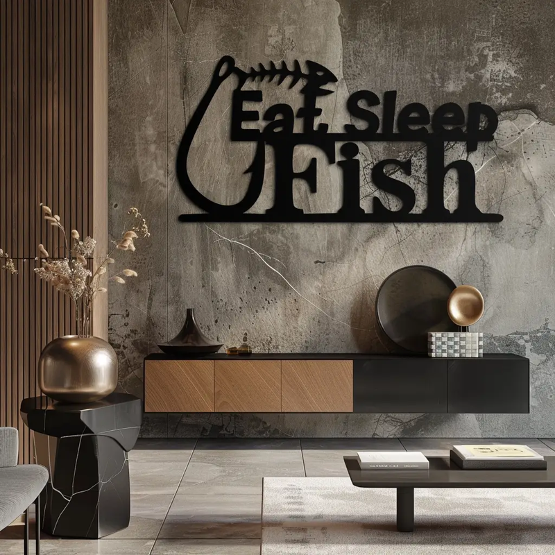 "Eat, Sleep, Fish" Metal Wall Art – Fishing Enthusiast Design with Hook and Phrase- KAF670 by Enova Art