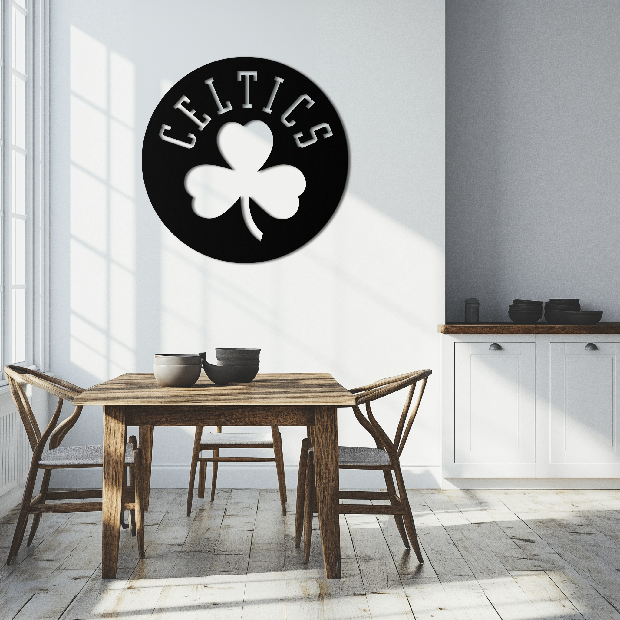 Celtics Shamrock Emblem Metal Wall Art – Bold Round Sports Decor for Fans- KAF671 by Enova Art