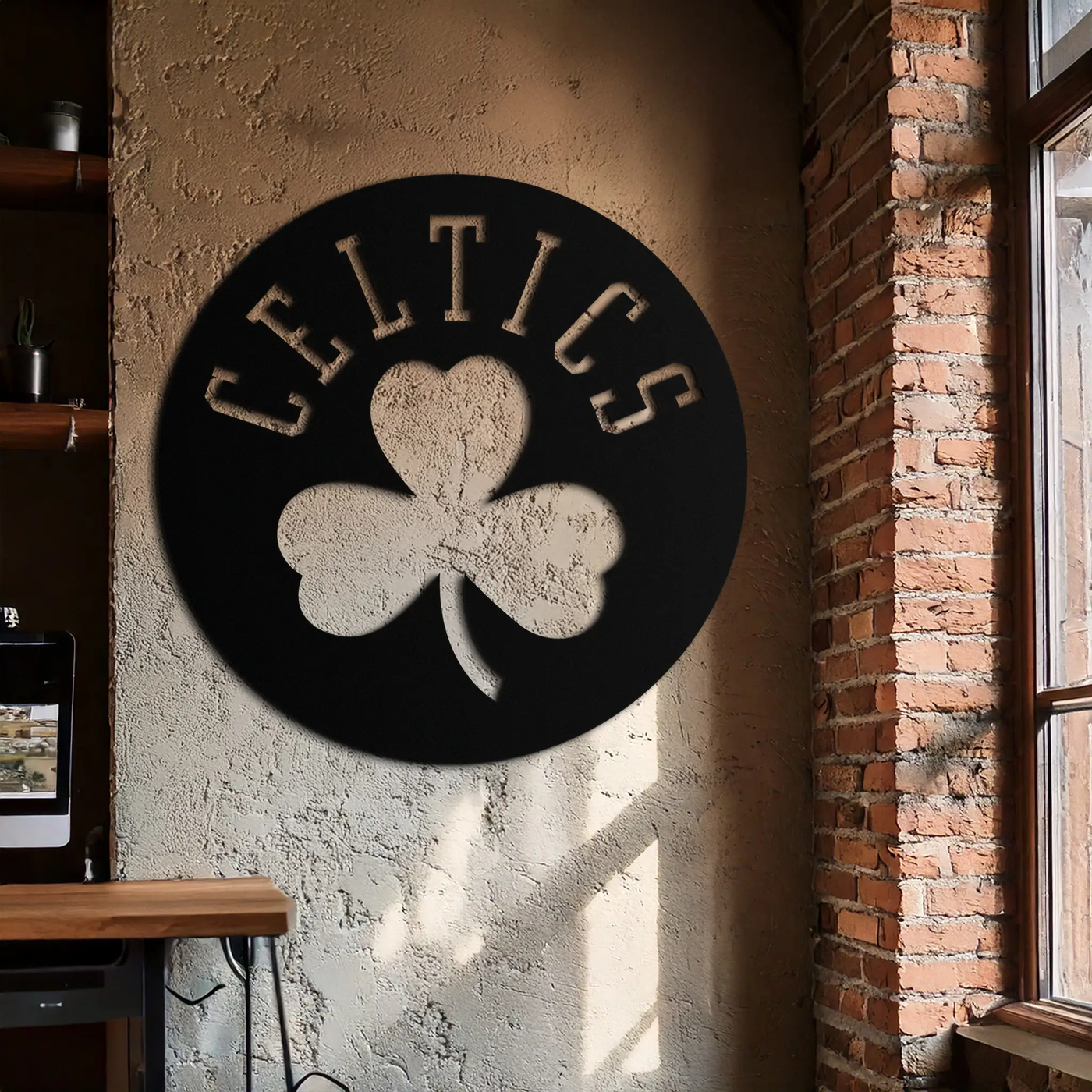 Celtics Shamrock Emblem Metal Wall Art – Bold Round Sports Decor for Fans- KAF671 by Enova Art