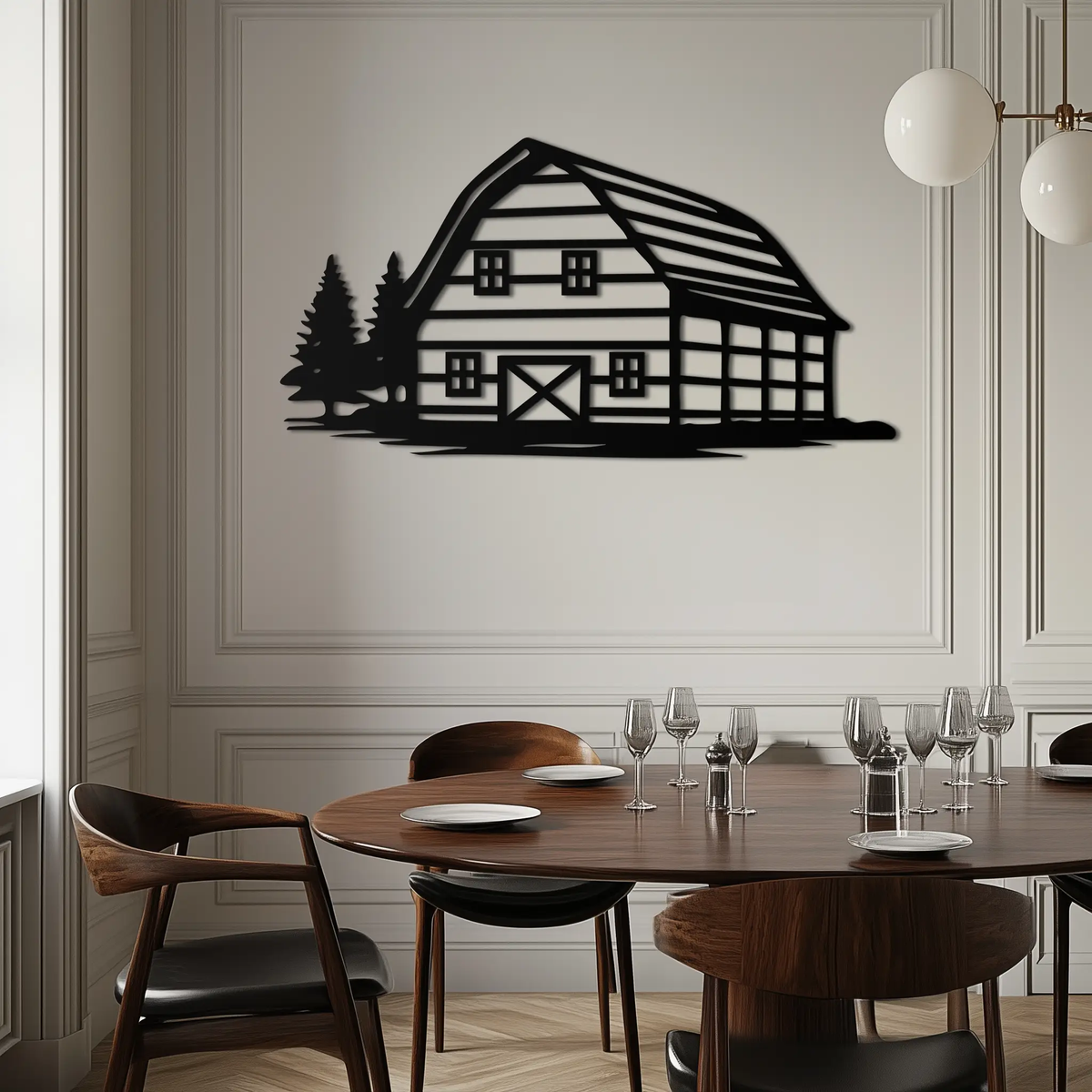 Rustic Barn and Pine Trees Metal Wall Art – Country House Landscape Silhouette Decor- KAF681 by Enova Art