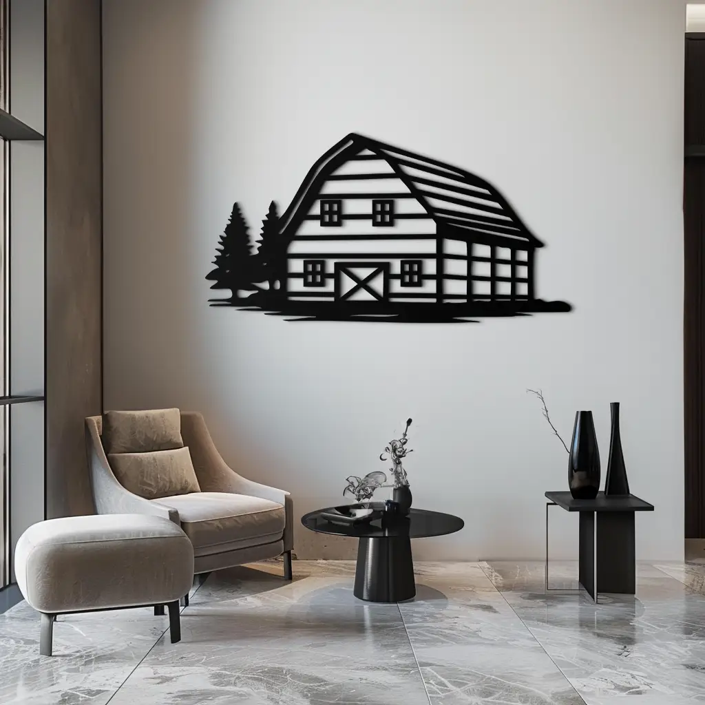 Rustic Barn and Pine Trees Metal Wall Art – Country House Landscape Silhouette Decor- KAF681 by Enova Art
