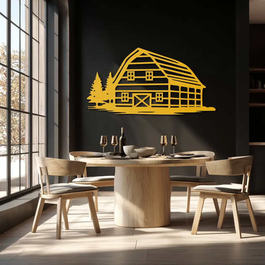Rustic Barn and Pine Trees Metal Wall Art – Country House Landscape Silhouette Decor- KAF681 by Enova Art