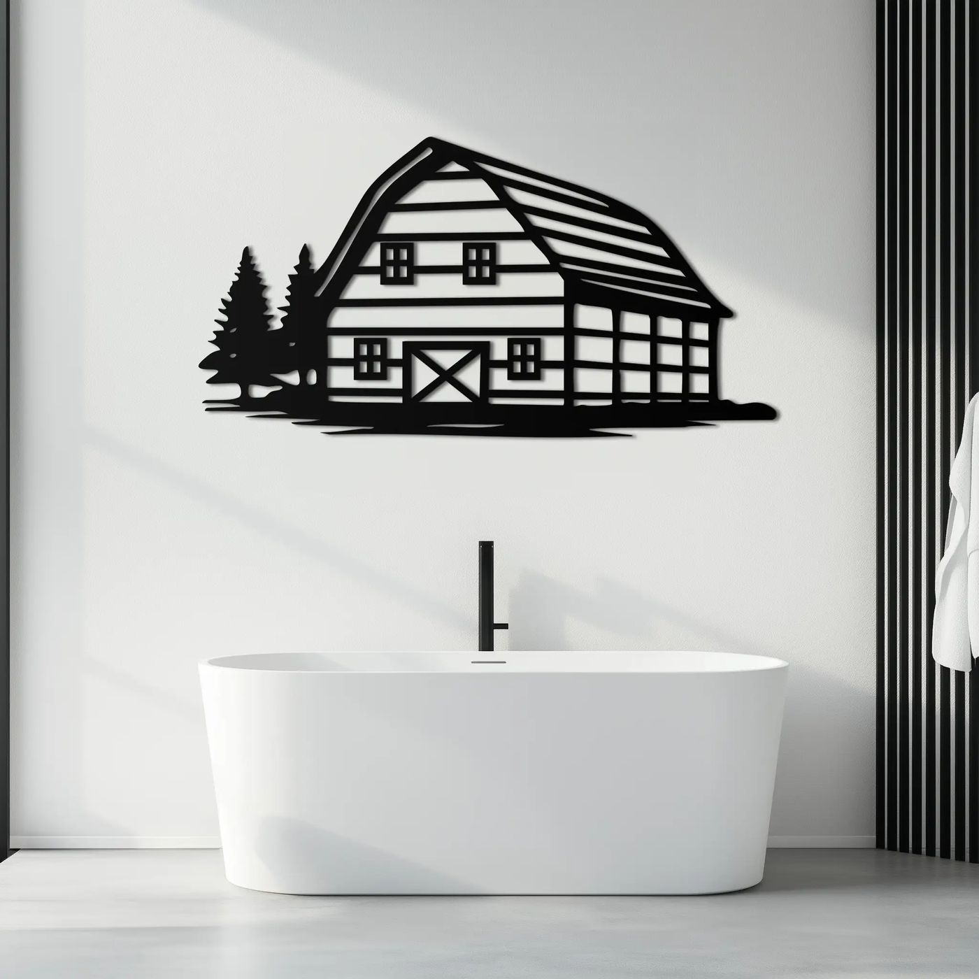 Rustic Barn and Pine Trees Metal Wall Art – Country House Landscape Silhouette Decor- KAF681 by Enova Art