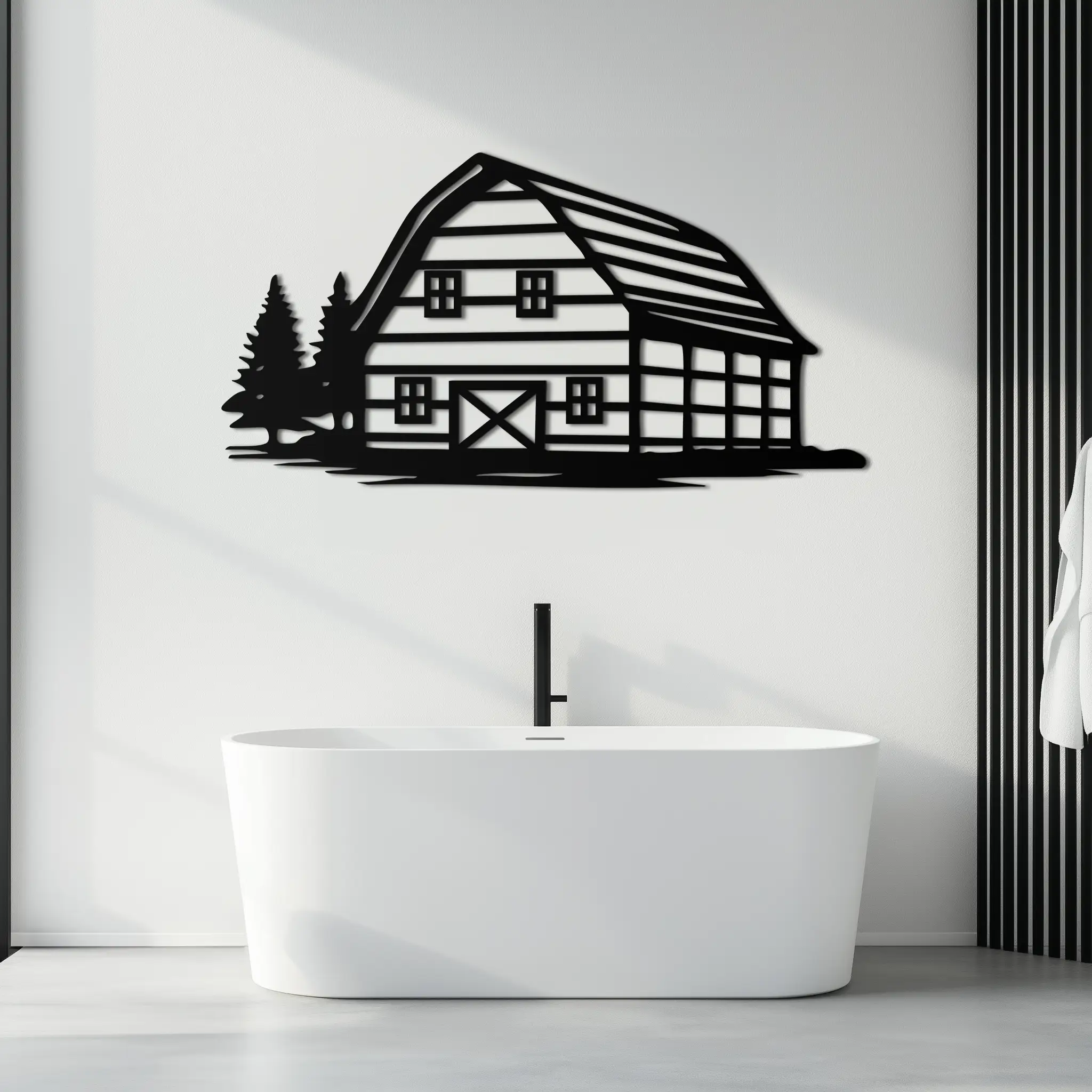 Rustic Barn and Pine Trees Metal Wall Art – Country House Landscape Silhouette Decor- KAF681 by Enova Art