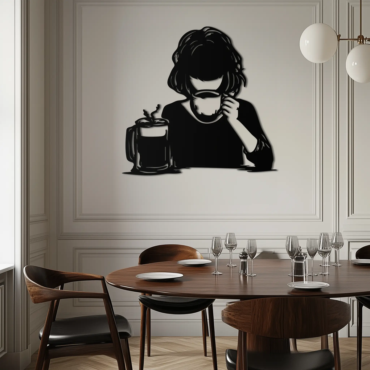 Coffee Girl Silhouette Metal Wall Art – Cozy Black Modern Home Decor for Coffee - KAF683 by Enova Art