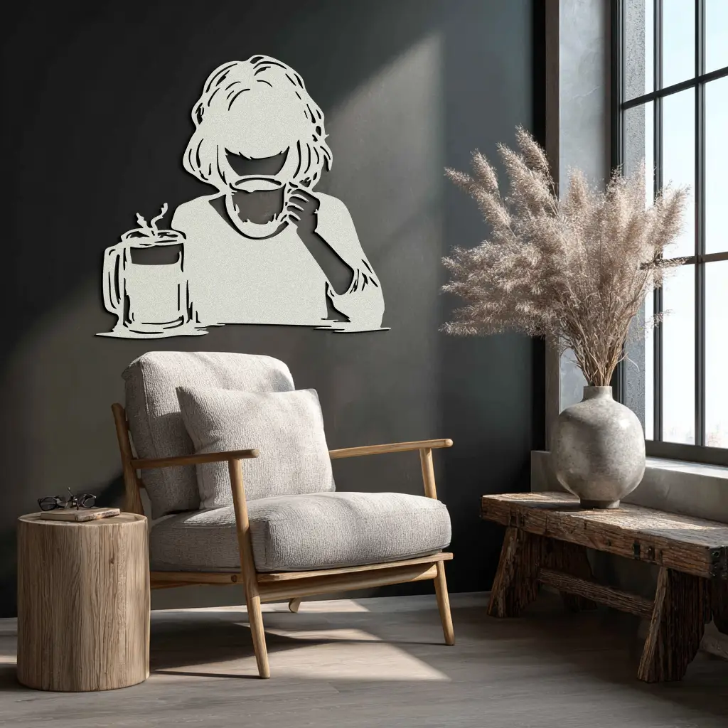 Coffee Girl Silhouette Metal Wall Art – Cozy Black Modern Home Decor for Coffee - KAF683 by Enova Art