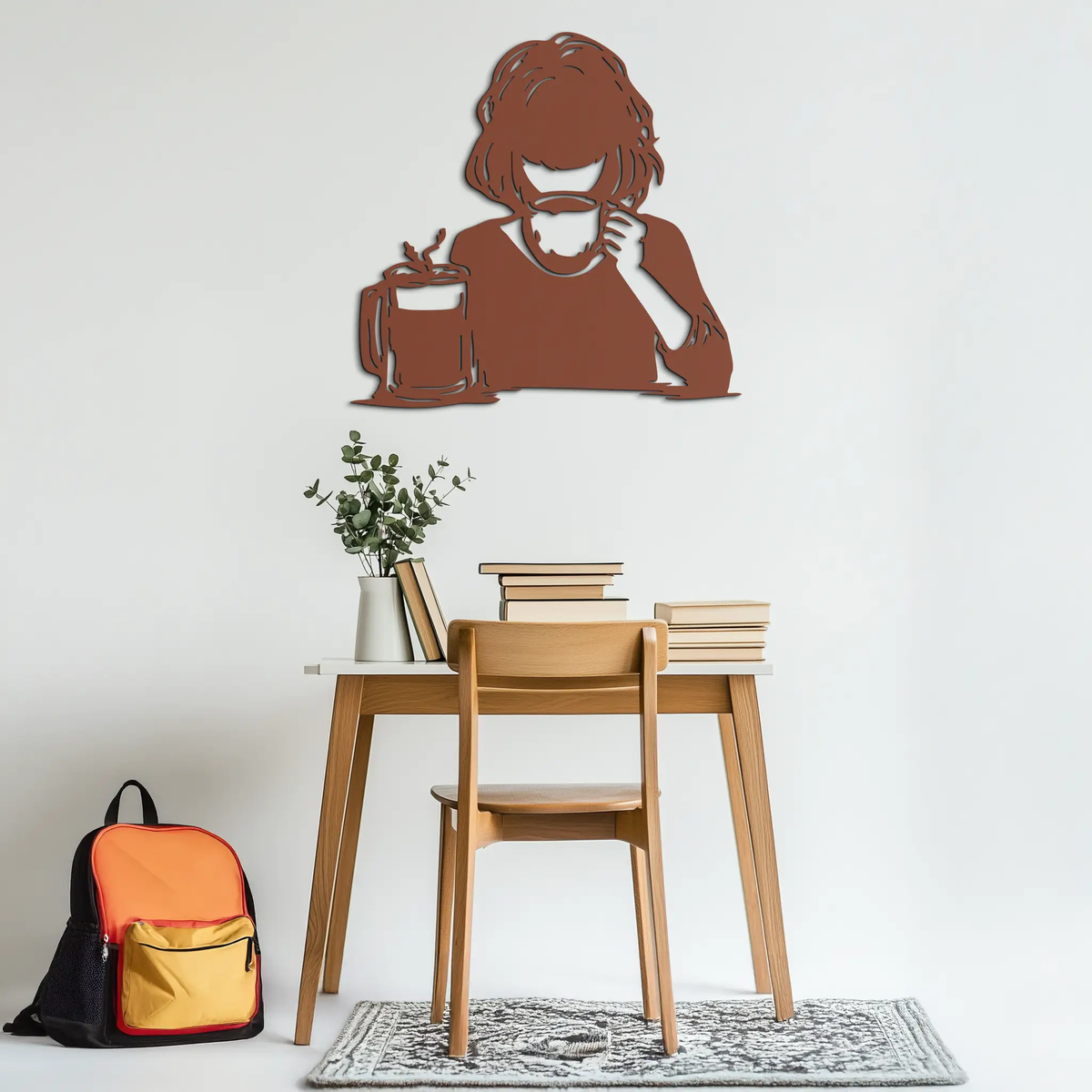 Coffee Girl Silhouette Metal Wall Art – Cozy Black Modern Home Decor for Coffee - KAF683 by Enova Art
