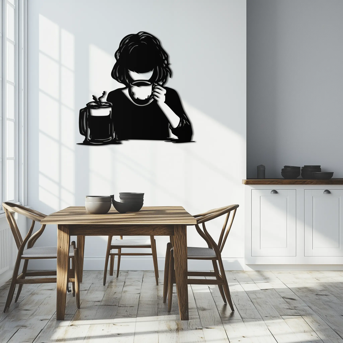 Coffee Girl Silhouette Metal Wall Art – Cozy Black Modern Home Decor for Coffee - KAF683 by Enova Art