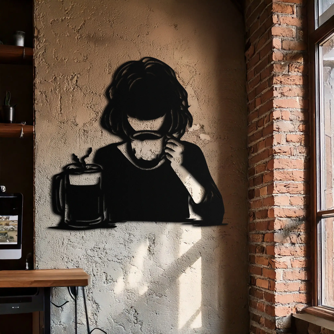 Coffee Girl Silhouette Metal Wall Art – Cozy Black Modern Home Decor for Coffee - KAF683 by Enova Art