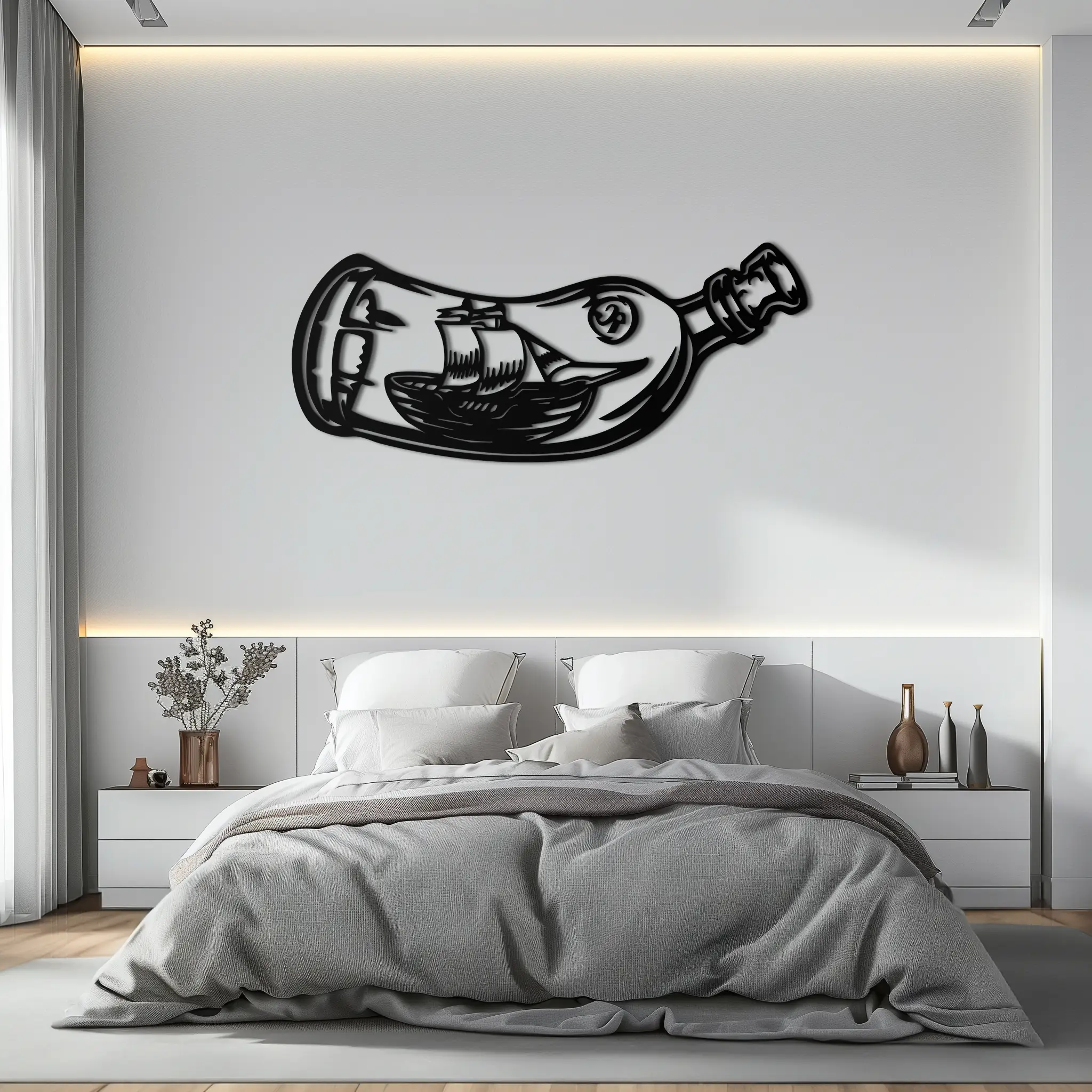 Ship in a Bottle Metal Wall Art – Nautical Silhouette Design for Sea Lovers- KAF691 by Enova Art
