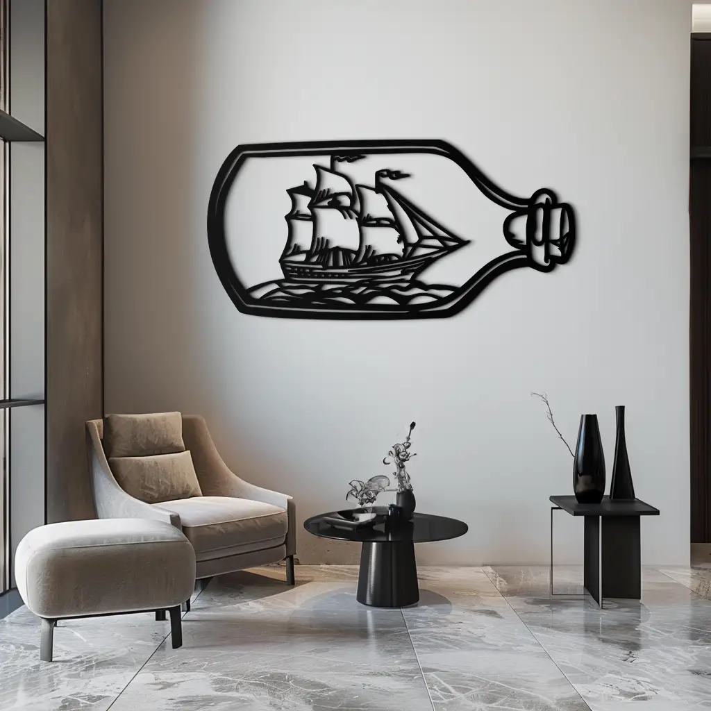 Sailboat in a Bottle Metal Wall Art – Nautical-Inspired Silhouette for Ocean Dreamers- KAF692 by Enova Art