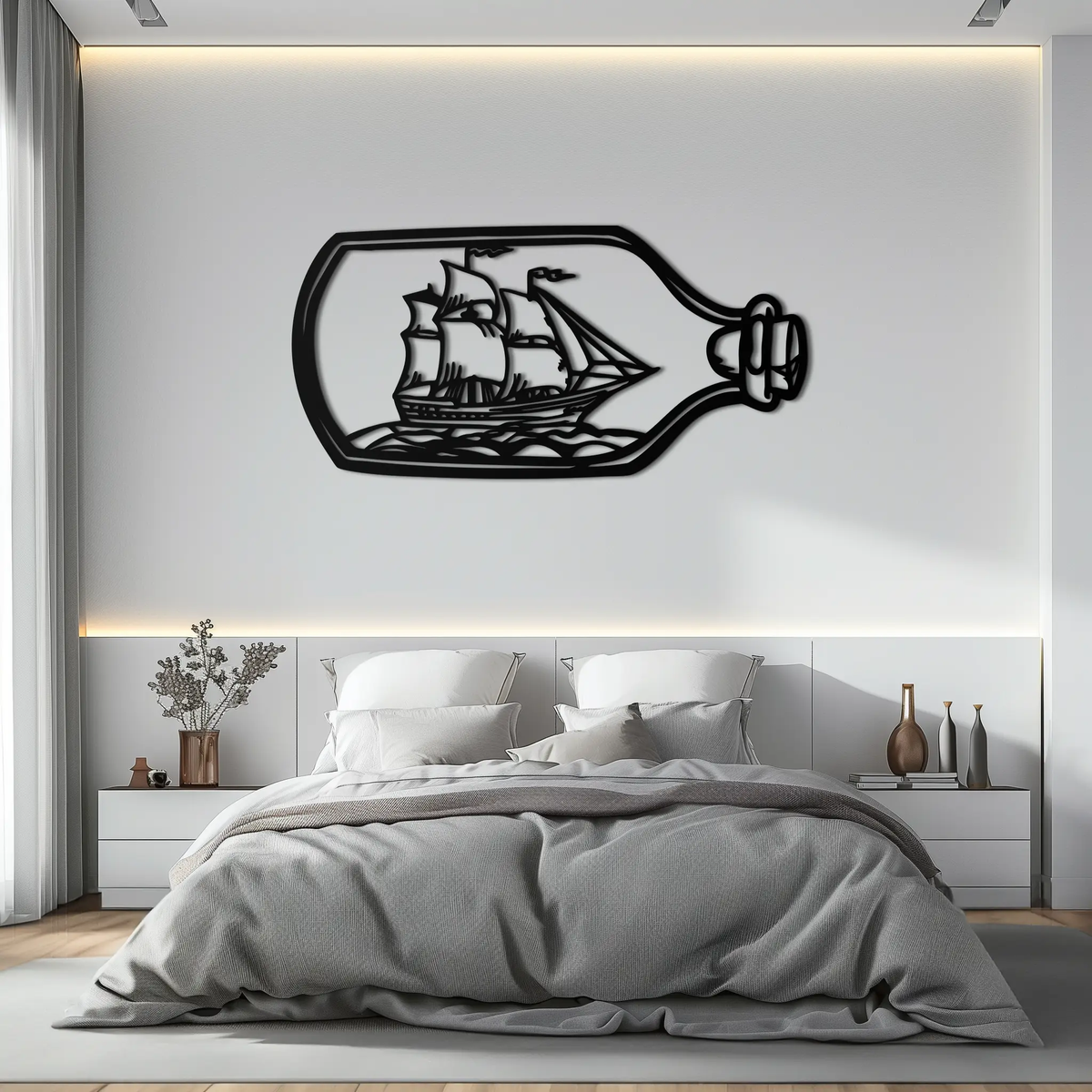 Sailboat in a Bottle Metal Wall Art – Nautical-Inspired Silhouette for Ocean Dreamers- KAF692 by Enova Art
