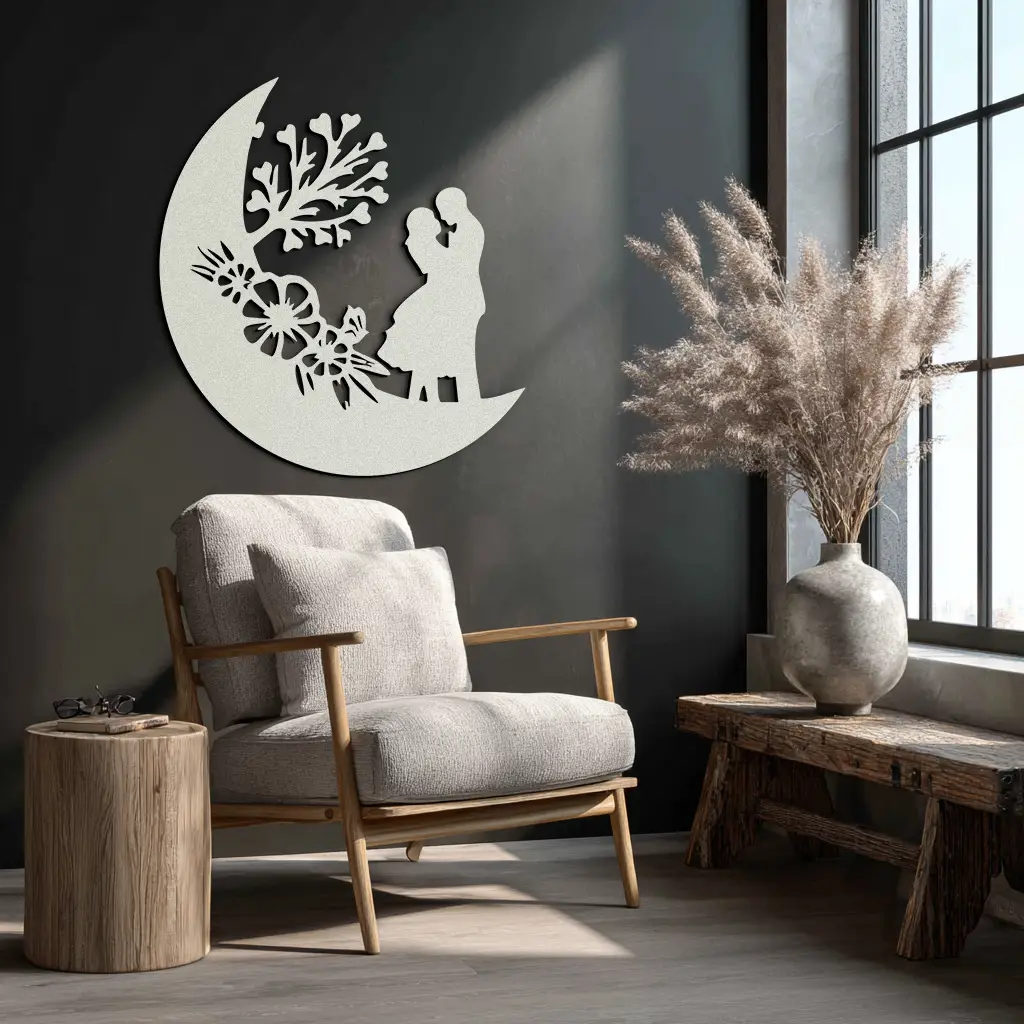 : Lovers on the Moon Metal Wall Art – Romantic Silhouette for Dreamy Interiors- KAF695 by Enova Art