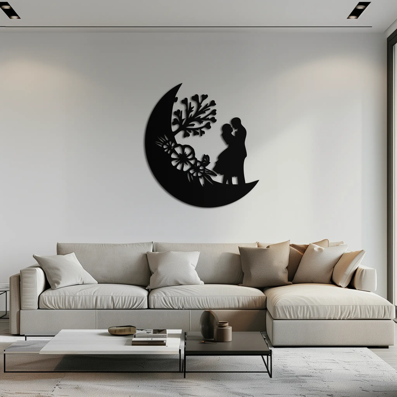: Lovers on the Moon Metal Wall Art – Romantic Silhouette for Dreamy Interiors- KAF695 by Enova Art