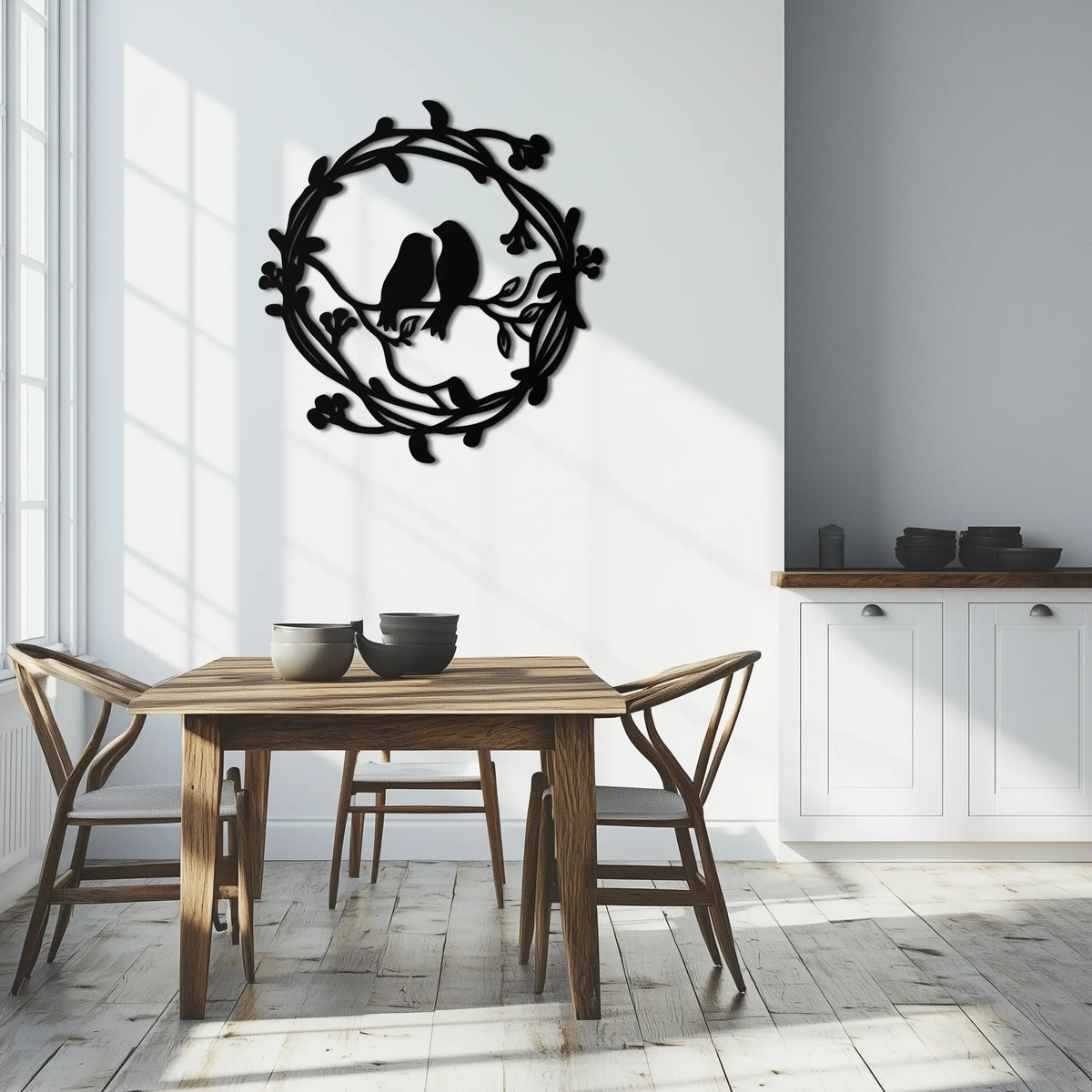 Two Birds on Wreath Branch Metal Wall Art – Romantic Nature-Inspired Round Design- KAF702 by Enova Art