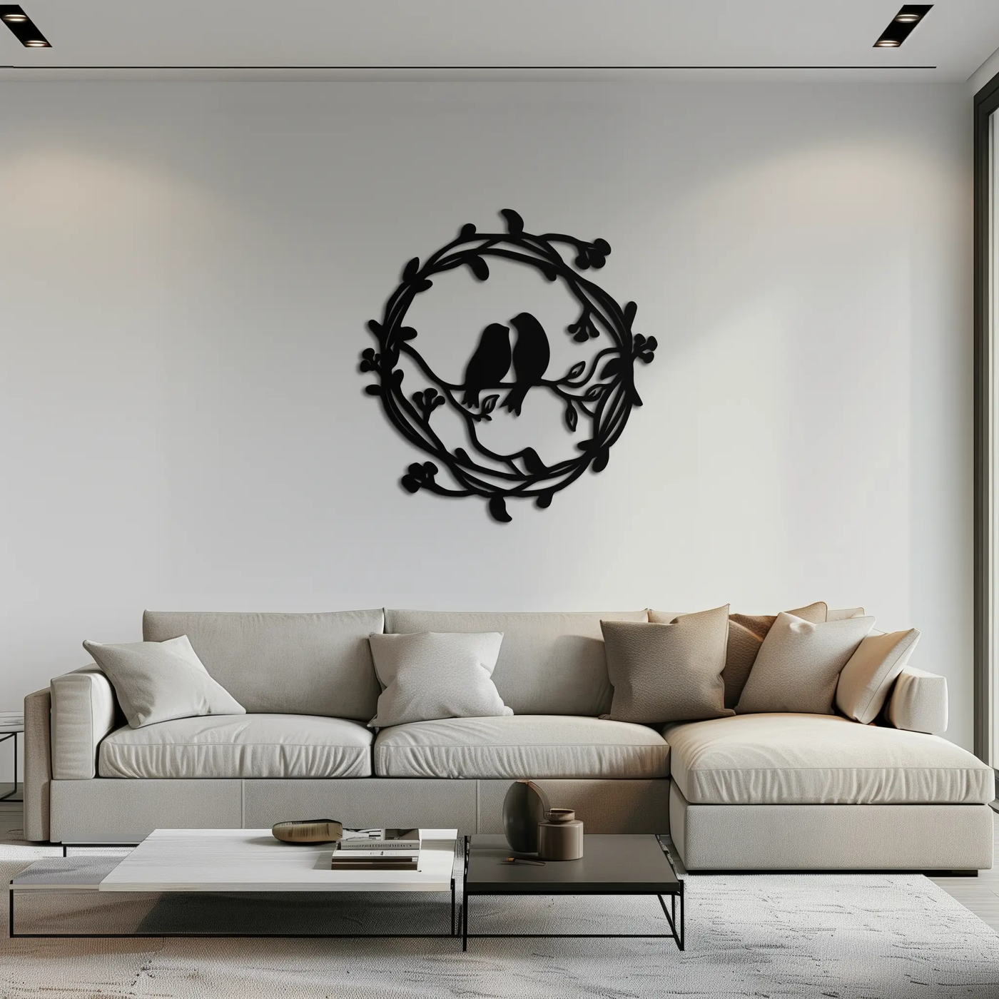 Two Birds on Wreath Branch Metal Wall Art – Romantic Nature-Inspired Round Design- KAF702 by Enova Art