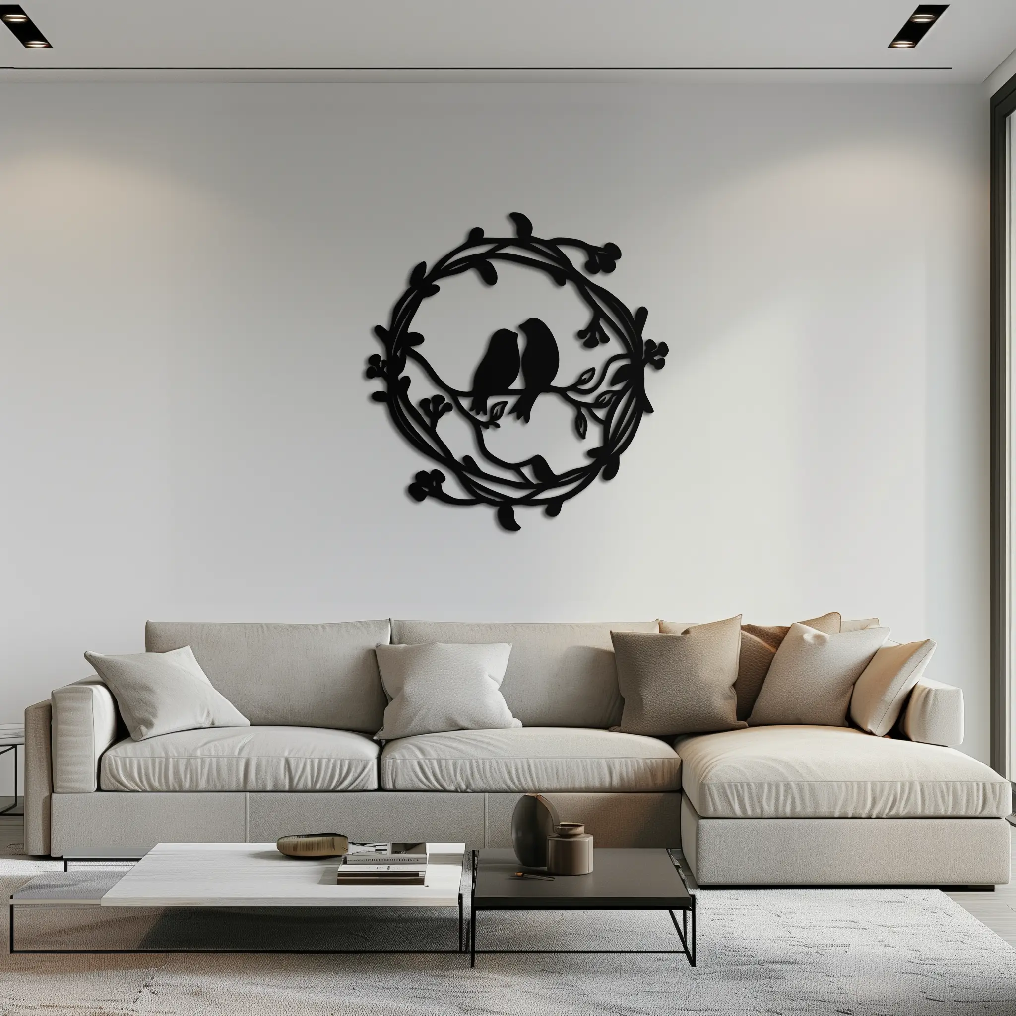 Two Birds on Wreath Branch Metal Wall Art – Romantic Nature-Inspired Round Design- KAF702 by Enova Art