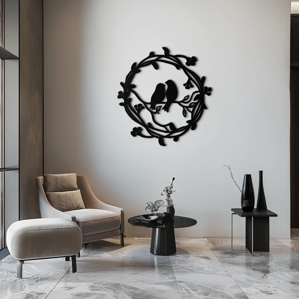Two Birds on Wreath Branch Metal Wall Art – Romantic Nature-Inspired Round Design- KAF702 by Enova Art