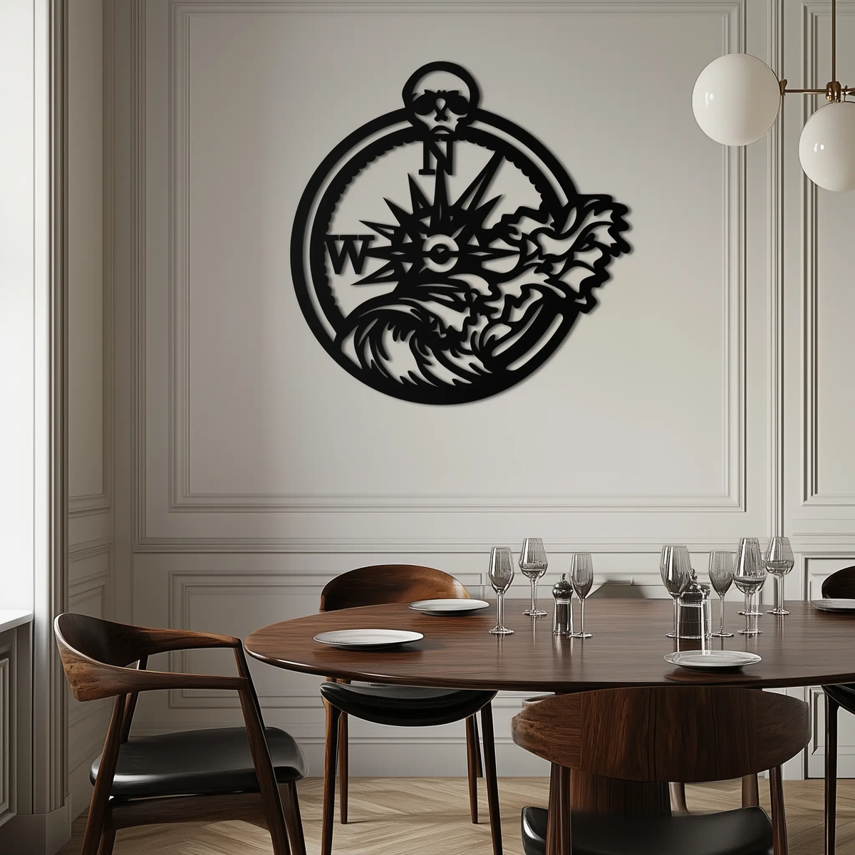 Nautical Compass Wave Metal Wall Art – Ocean Storm and Skull Design Decor- KAF704 by Enova Art