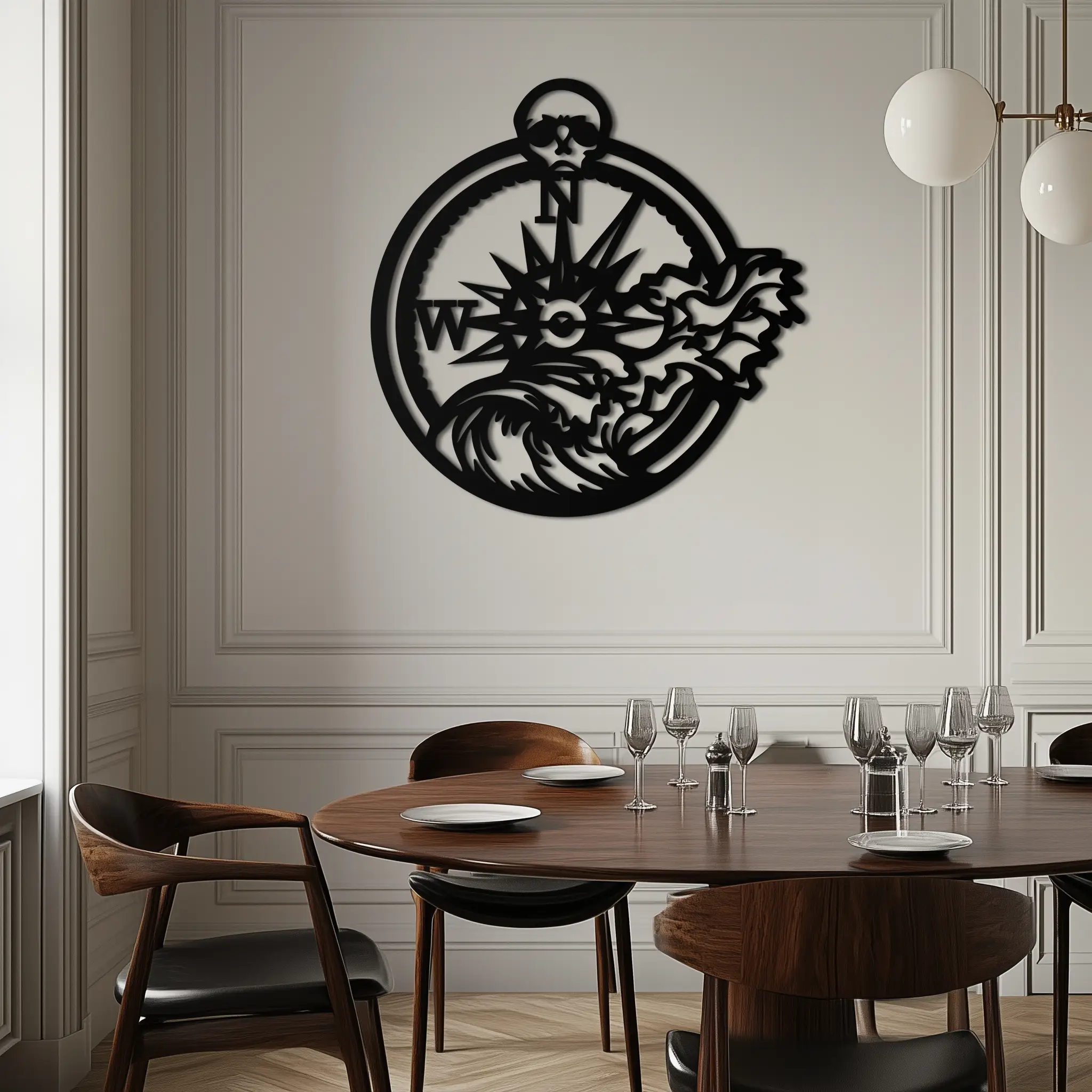 Nautical Compass Wave Metal Wall Art – Ocean Storm and Skull Design Decor- KAF704 by Enova Art