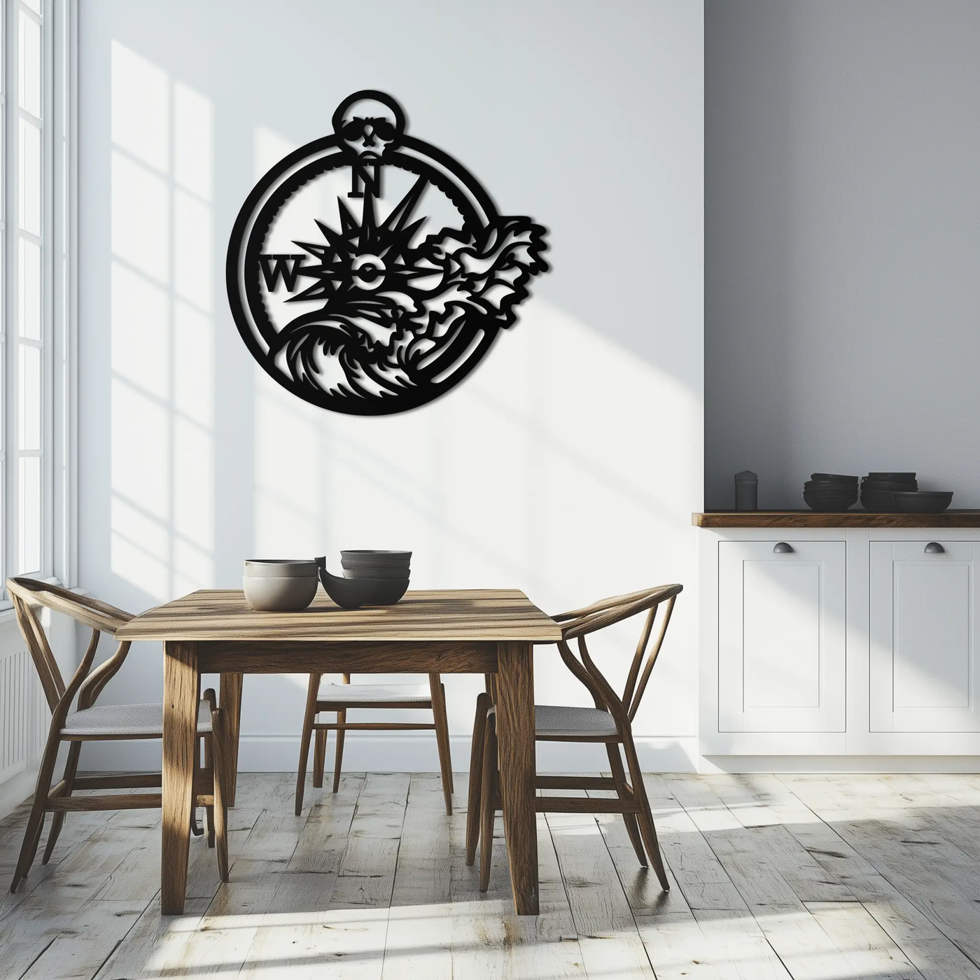 Nautical Compass Wave Metal Wall Art – Ocean Storm and Skull Design Decor- KAF704 by Enova Art