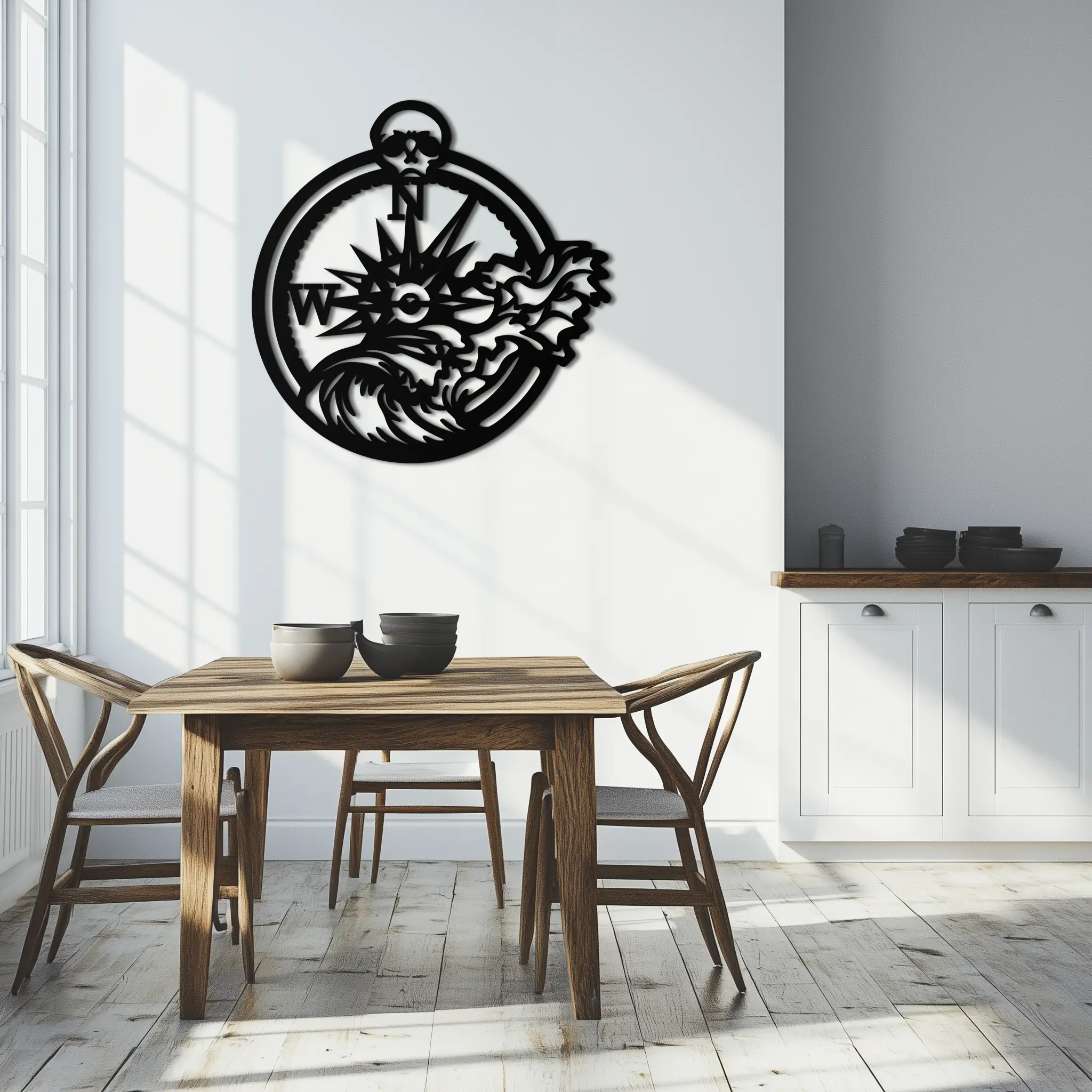 Nautical Compass Wave Metal Wall Art – Ocean Storm and Skull Design Decor- KAF704 by Enova Art