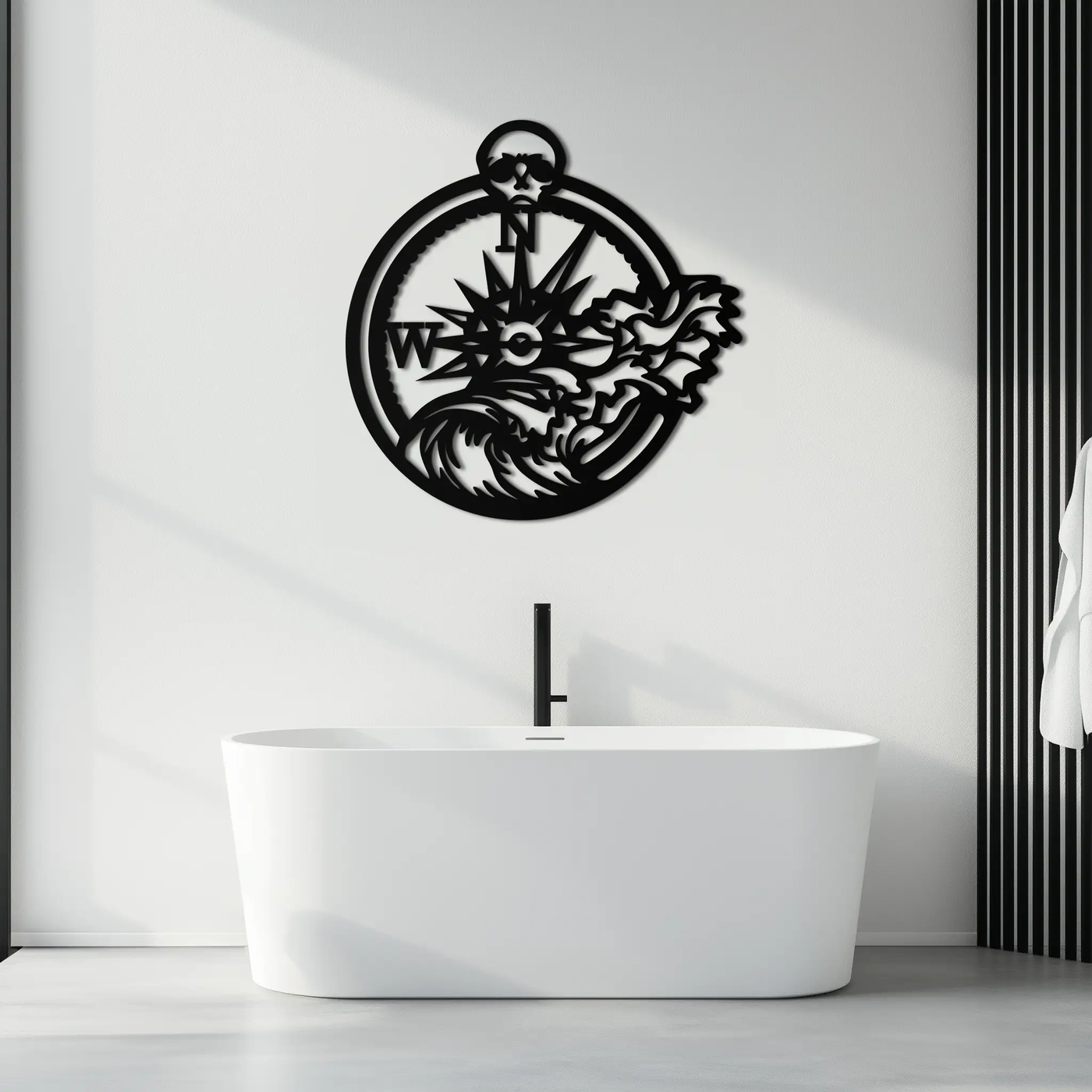 Nautical Compass Wave Metal Wall Art – Ocean Storm and Skull Design Decor- KAF704 by Enova Art